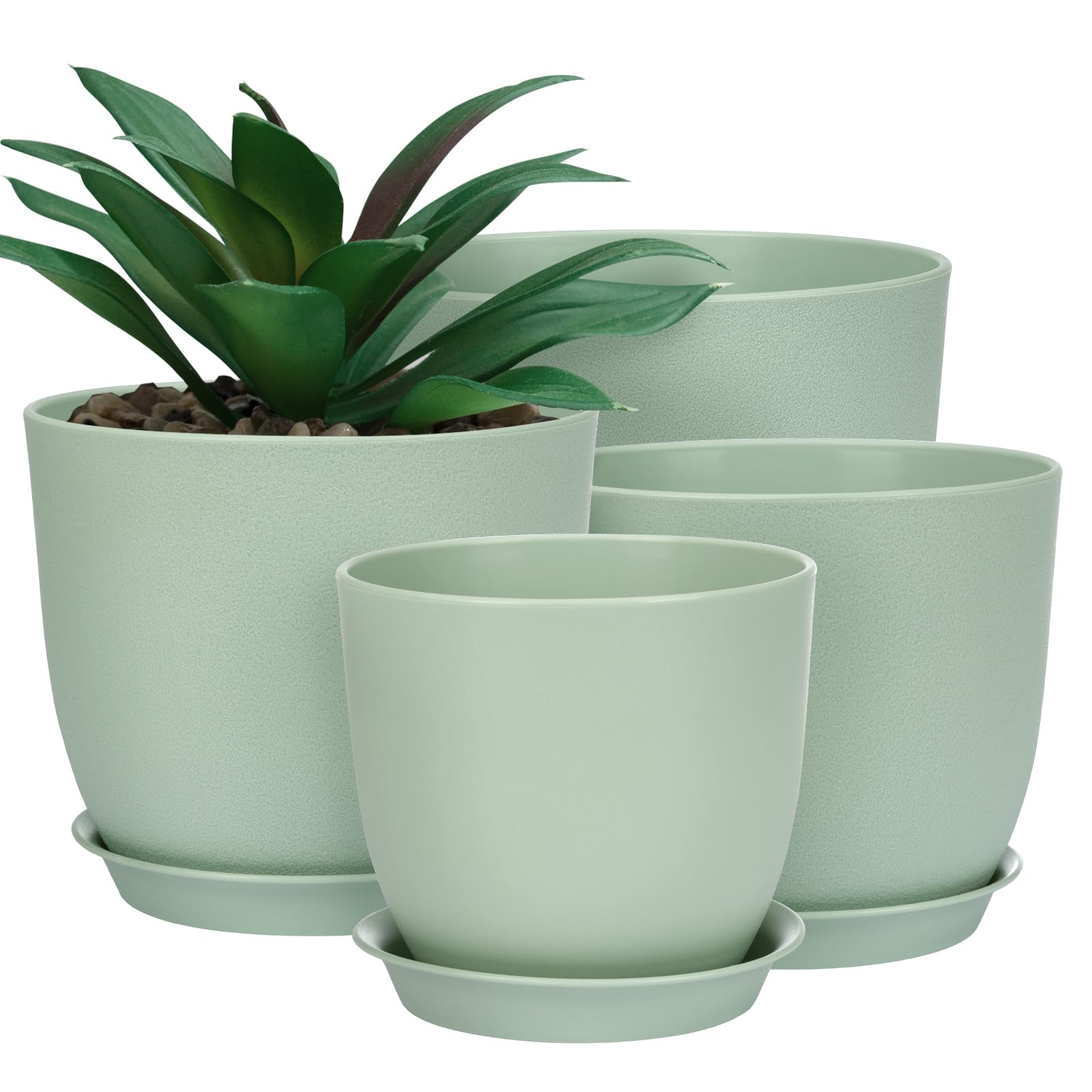 Whonline Plastic Planter 10/9/8/6 Inch Flower Pot Indoor Plastic Pots for Plants with Drainage Hole and Tray Modern Decorative for Gifts Succulents Flowers Cactus, Green