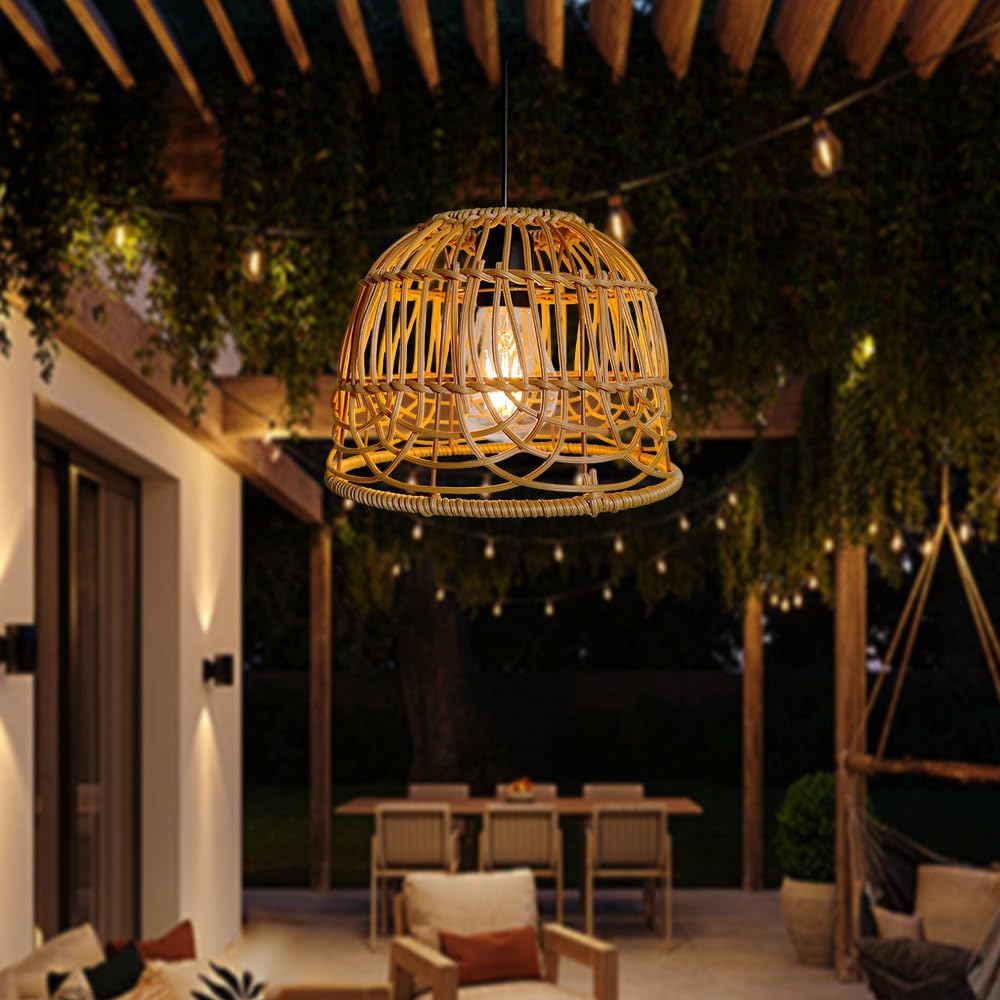 Lampadario Solare da Esterno, IP44 Lmpermeabile Lampada Sospensione Rattan Solare Con Telecomando, Lampadario a Sospensione Boho, Illuminazione Lampadario Rattan, Decorativa per Giardino