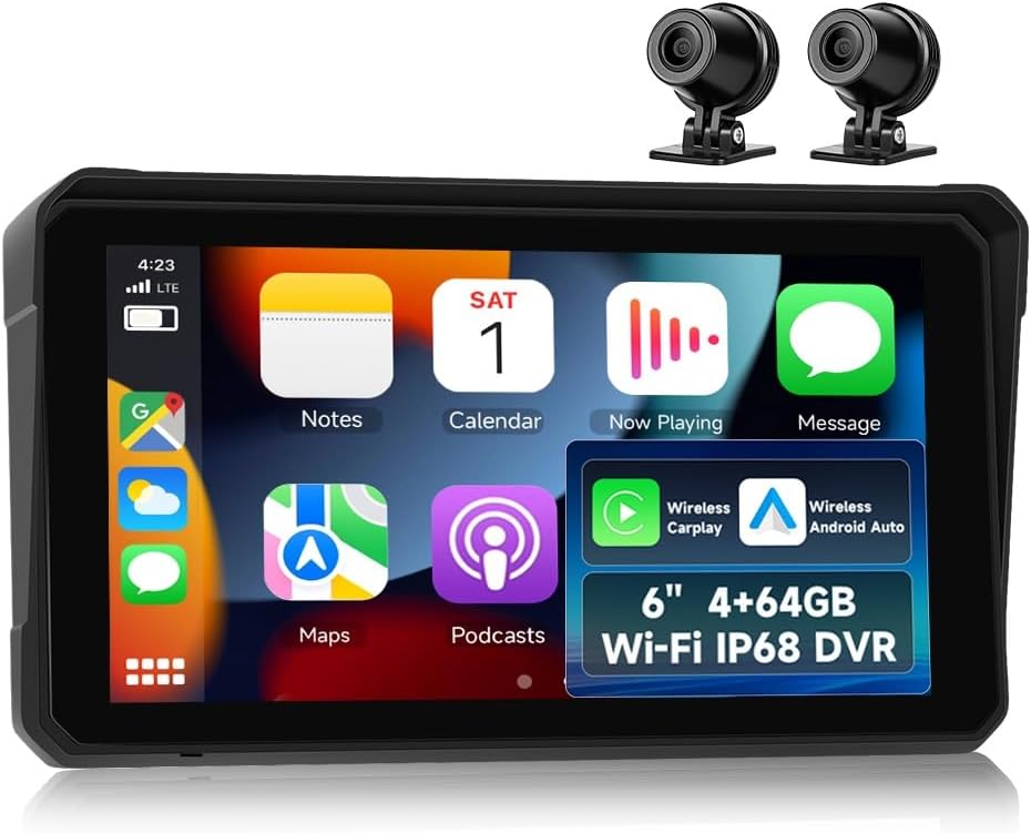 6 Inch Motorcycle Dash Cam with Wireless CarPlay and Android Auto, IP68 Waterproof DVR with Dual Cameras, 4GB+64GB Storage, Bluetooth, IPS Screen for Bike and Car