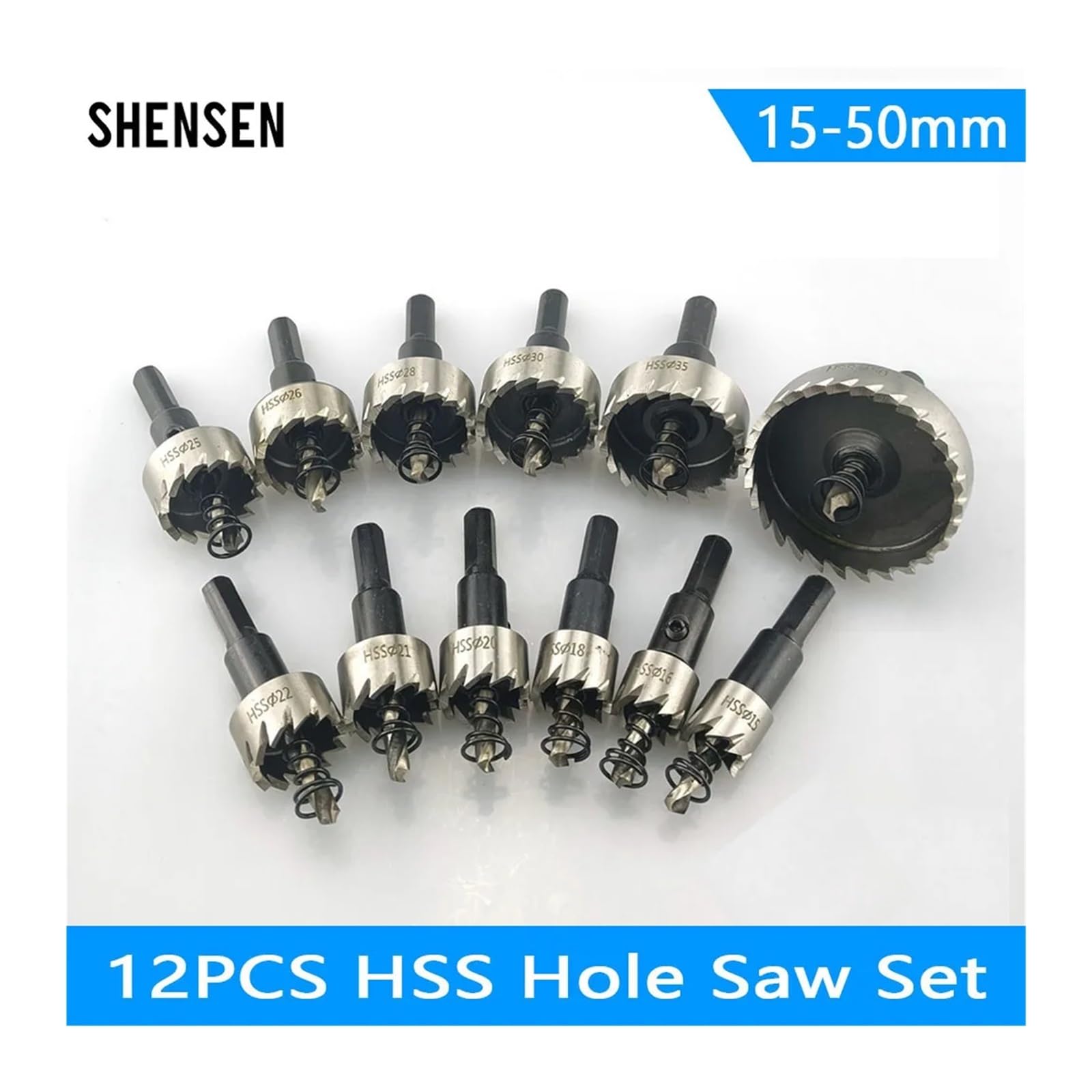 Juego de sierras perforadoras HSS, 12 Uds., 15-50mm, broca acero alta velocidad, corona perforación for herramienta corte madera inoxidable aleación Metal(15PCS 15-53mm)