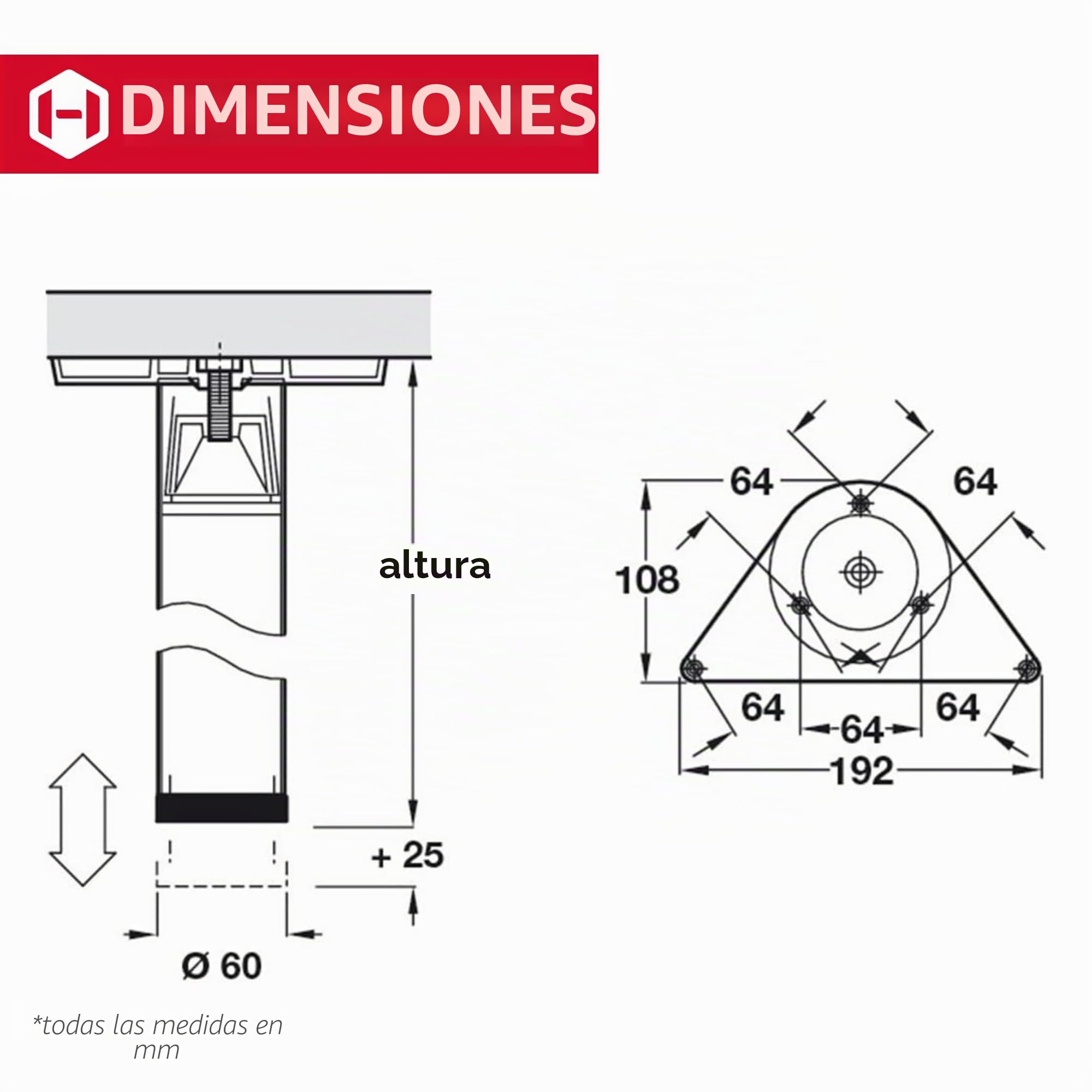 Gedotec Patas para Muebles de Altura Ajustable, Patas de Mesa Negras de Metal, H1712, Altura 710 mm, diámetro de 60 mm, Patas para Muebles para encimeras Pesadas, Juego de 4