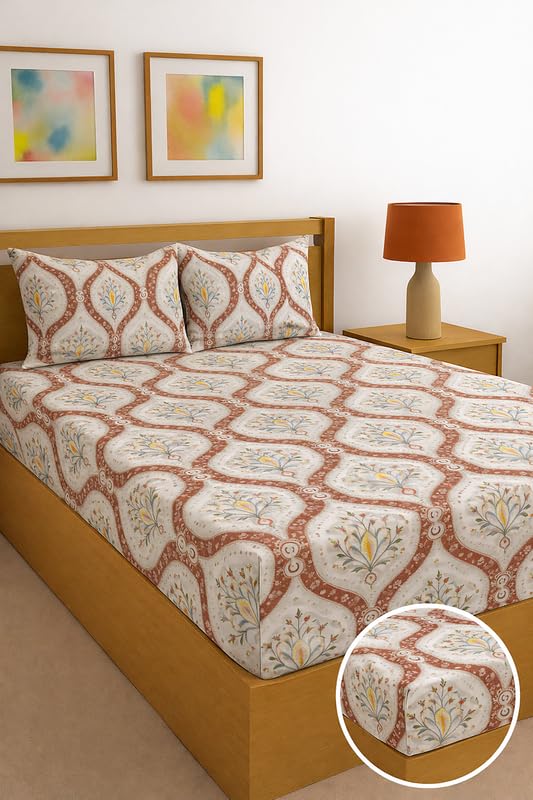 Image of Ethnic Beige Fitted Sheet Jaipuri Style Print Glace Cotton 140 TC Double Size (48x75 inch) with 2 Pillow Covers (18x28 inch) Deep Pocket up to 10 Inches - Soft & Comfortable