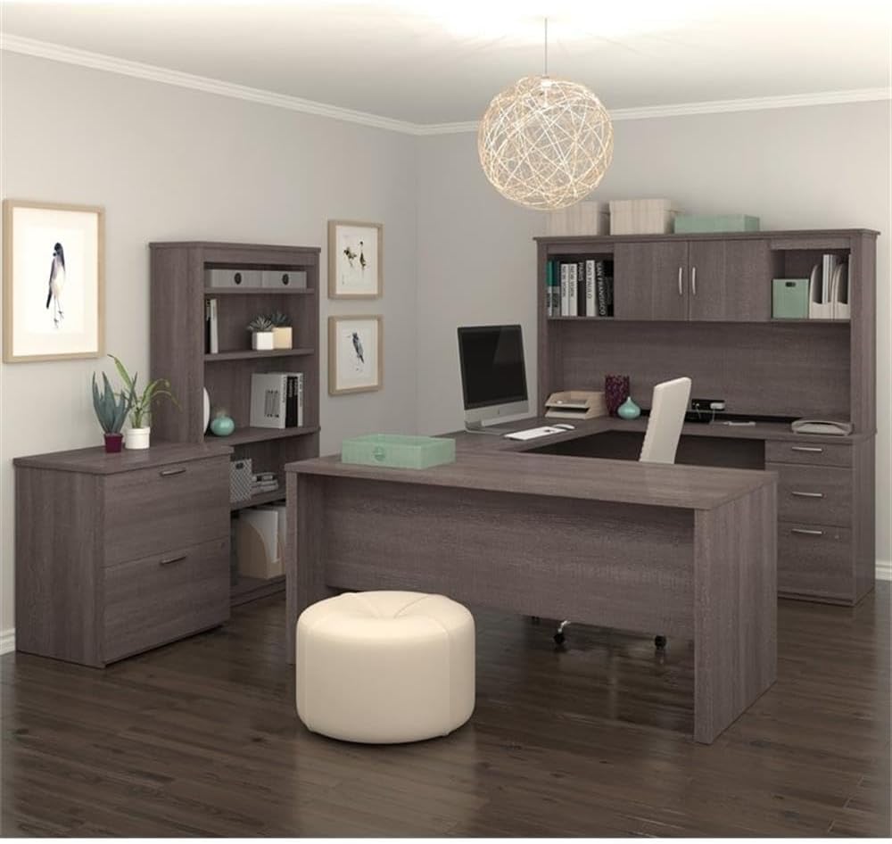 Pemberly Row Modern U-Shaped Engineered Wood Desk with Hutch File and Bookcase, Fully Reversible Unit, Assembly Required, for Home Office, in Bark Gray Finish