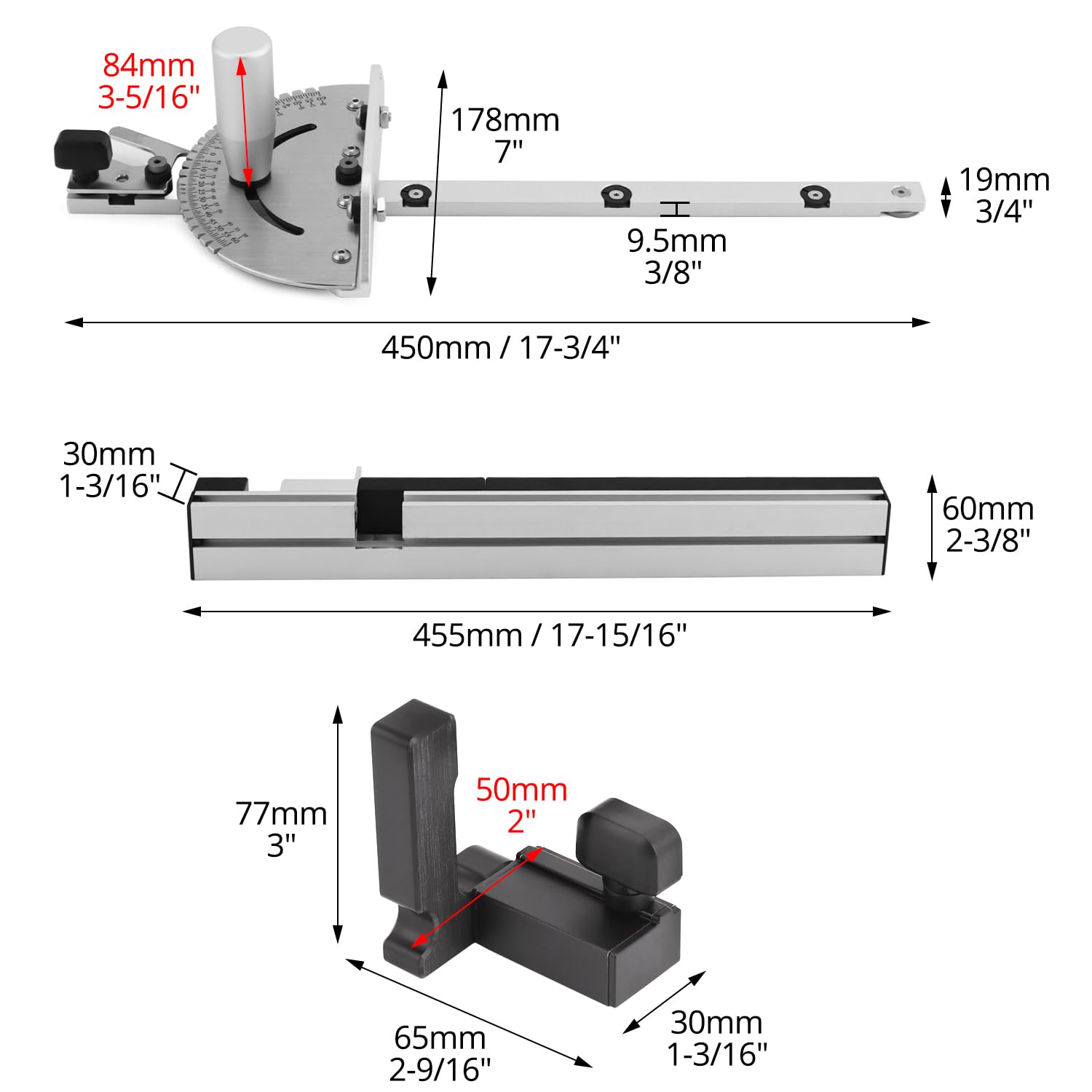 QWORK® Tope de ángulo de calibre de inglete para sierra de mesa, 0-60 grados, aleación de aluminio, tope abatible, 450 mm