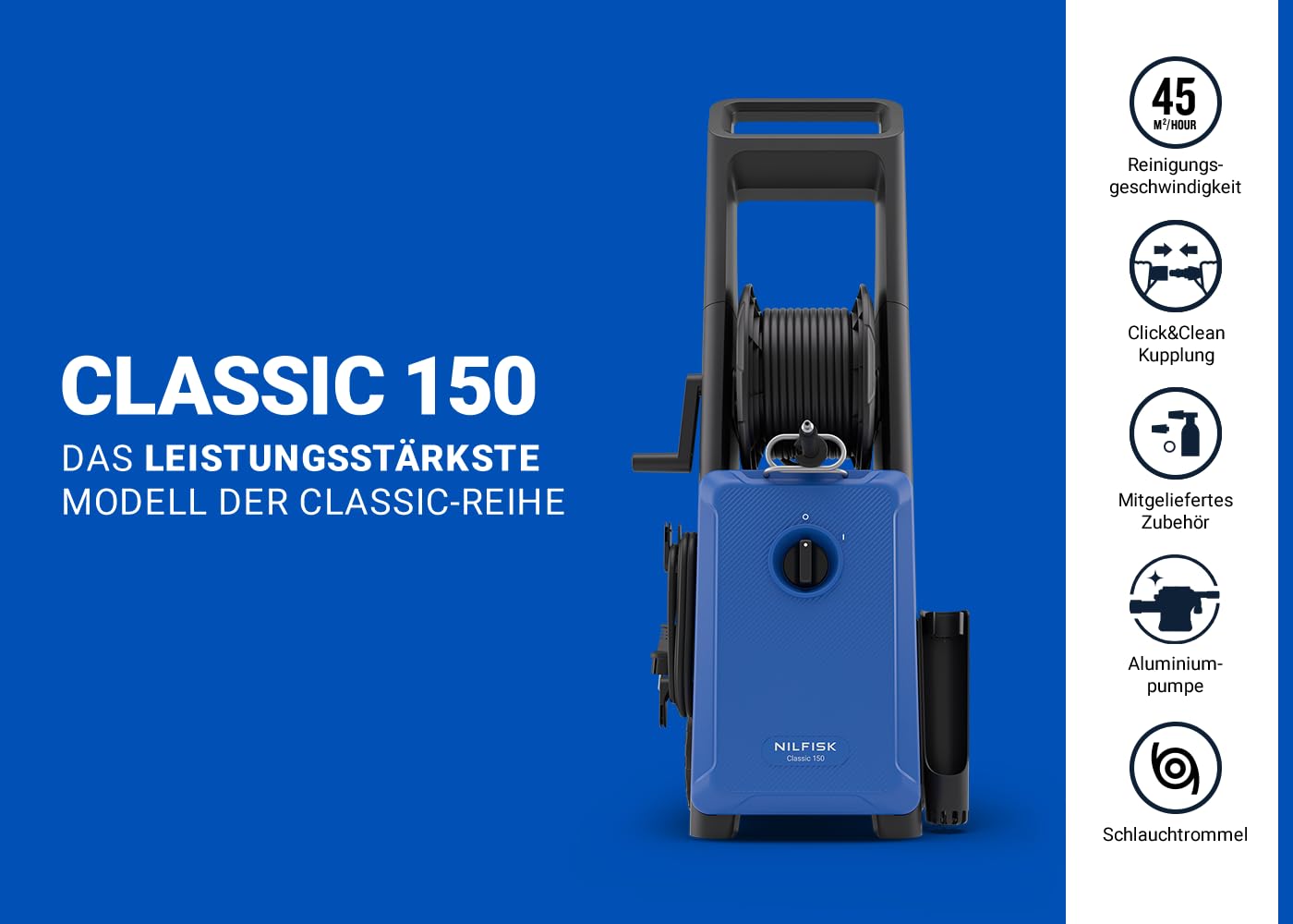 Nilfisk Classic 150 Bar Hochdruckreiniger – leicht zu bedienen für Auto, Terrasse und Außenflächen (2200 W)