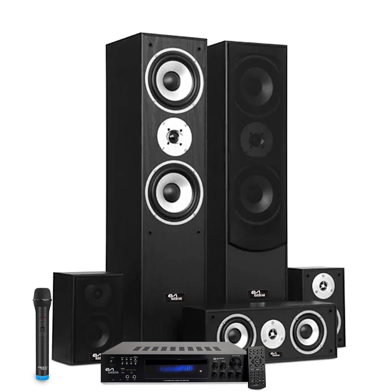 Evidence Acoustics Home-Cinéma 5.1, 5 Enceintes 850W - Amplificateur EA-7360, USB SD Bluetooth Radio, Microphone VHF Karaoké