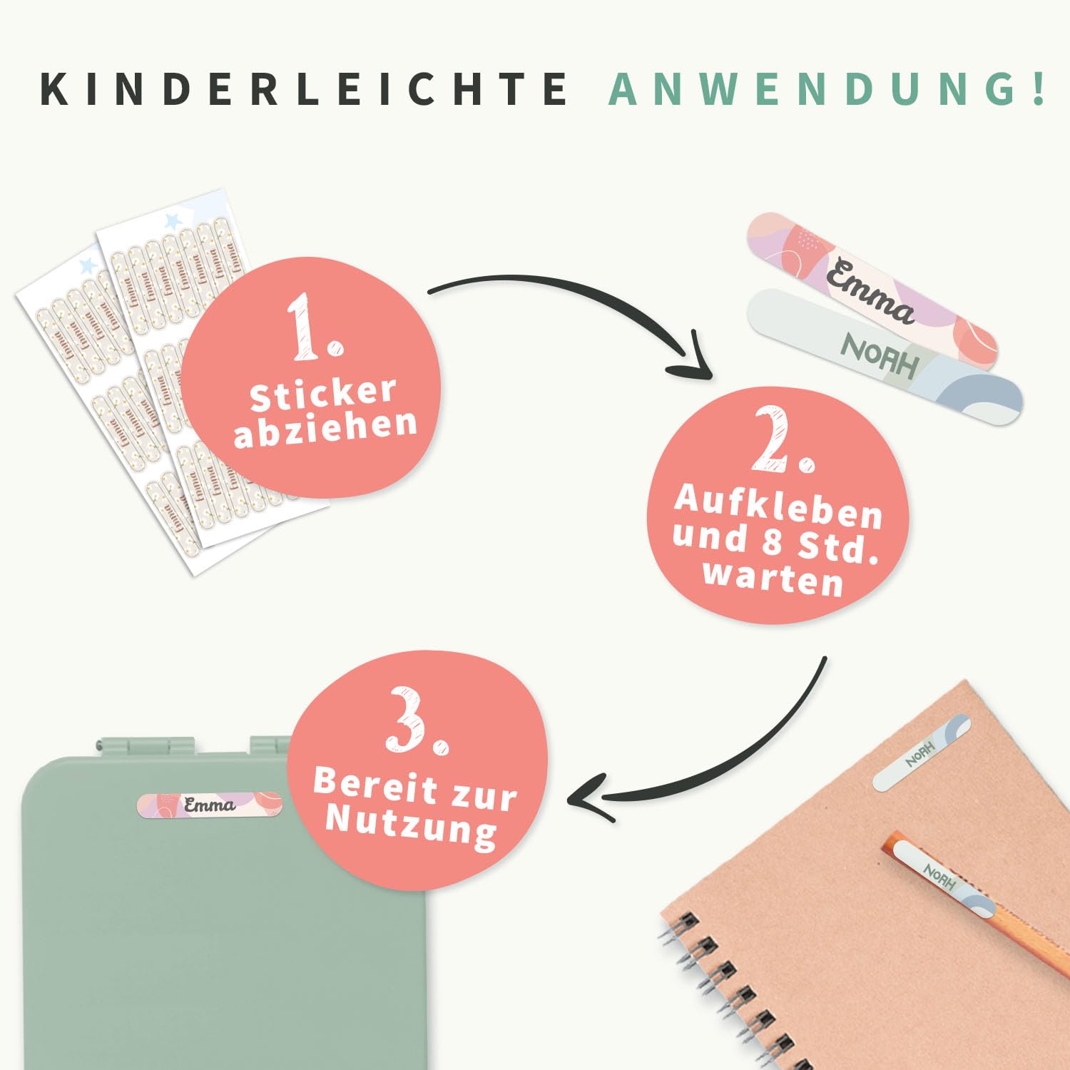 Personalisiert Namensaufkleber 3,8x0,6cm - Mikrowellen & Spülmaschinenfest Für Schulbedarf