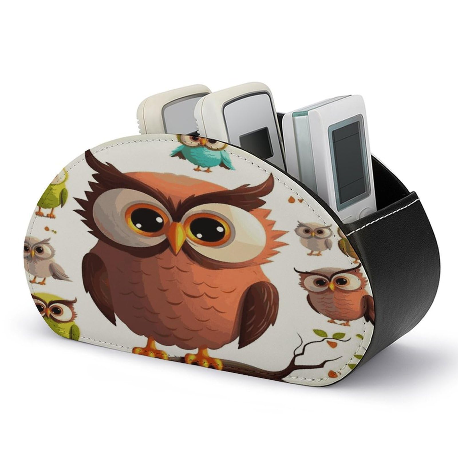 FekiLoot Cartoon Owl Remote Control Holder with 5 Compartments Multi-functional TV Remote Caddy Organizer Leather TV Remote Holder Desktop Organizer Store for Bedside Table Office Desk