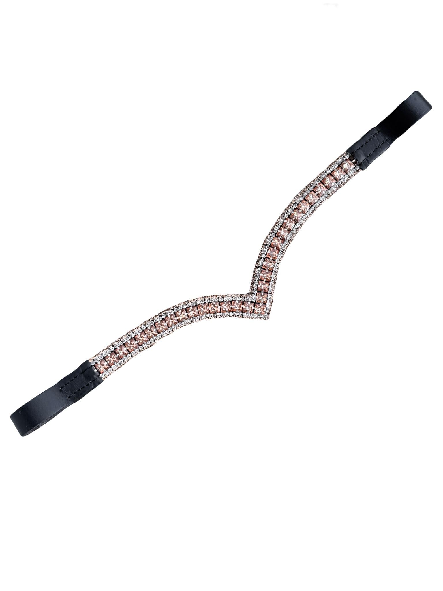 Horse Bling Browband for Bridle, V Shape, 5 Row Champagne and Clear Rhinestones, Black and Brown Leather, Dressage and Show Jumping (Black, Pony)