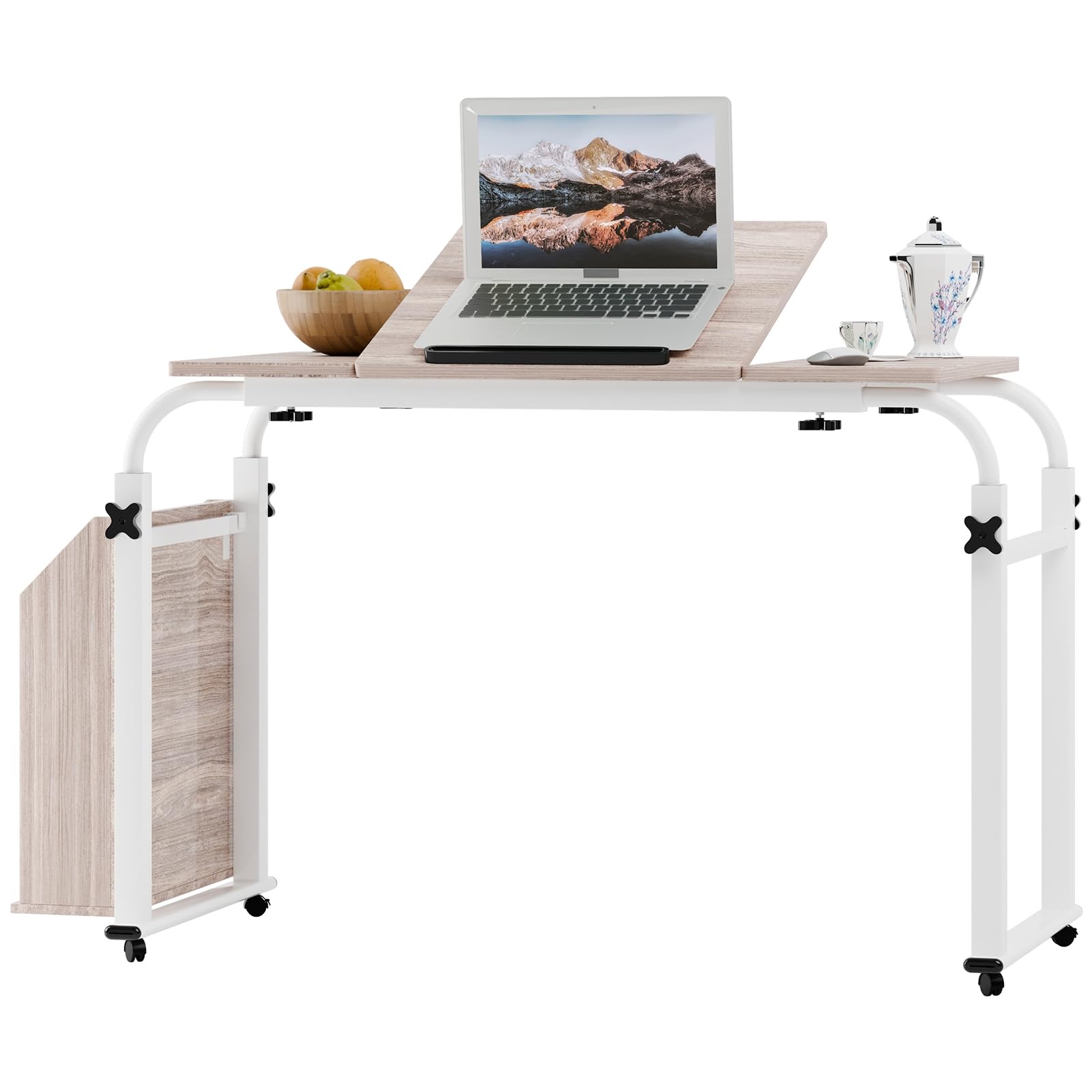 Gihusrzx White 40Cm Wide Overbed Table With 360 Degree Wheels, Overbed Desk, Side Bookshelf, Tilt Sofa Bed Table, Length & Height Adjustable, 80 Cm