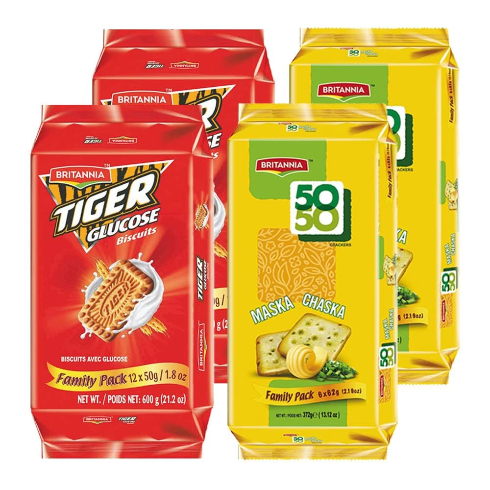 Britannia Crackers 50 50 Maska Chaska Biscuit 13.12oz (372g) & Tiger Glucose Biscuits Family Pack 21.2oz (600g) - 2 Each (Pack of 4)