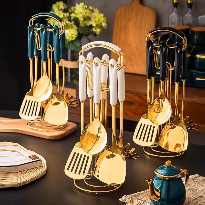 Miniatura 2 de Utensilios de cocina de acero inoxidable con mango de cerámica, 7 piezas con estante colgante, juegos de cocina antiquemaduras, juegos de utensilios