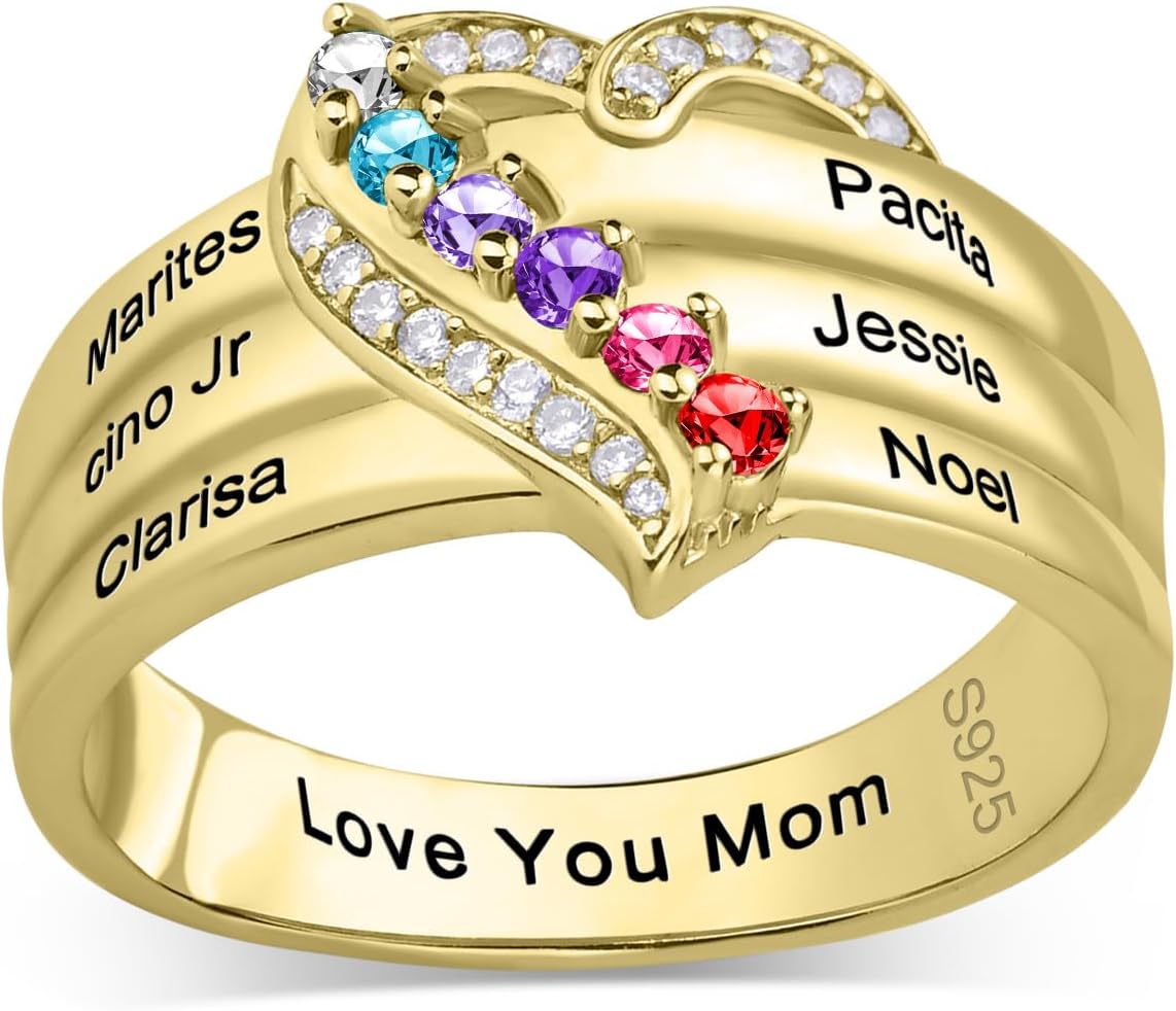 925 Sterling Silver Personalized Mothers Ring with 1-6 Birthstones Names Custom Heart Promise Ring Family Birthstone Rings for Women Mother's Day Jewelry Gift for Mom Grandma