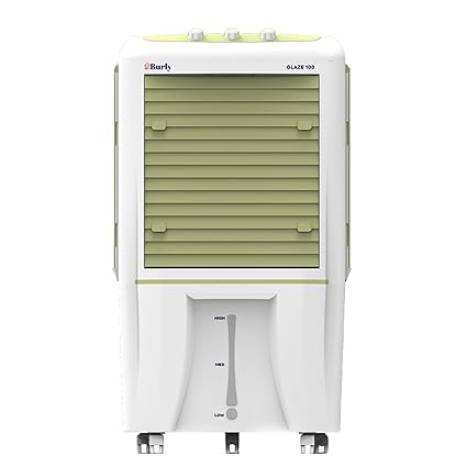 Burly Glaze 100 Ltr Air Cooler with honeycomb cooling media, ice chamber for faster cooling, and powerful air throw with an auto-swing | low noise operation.