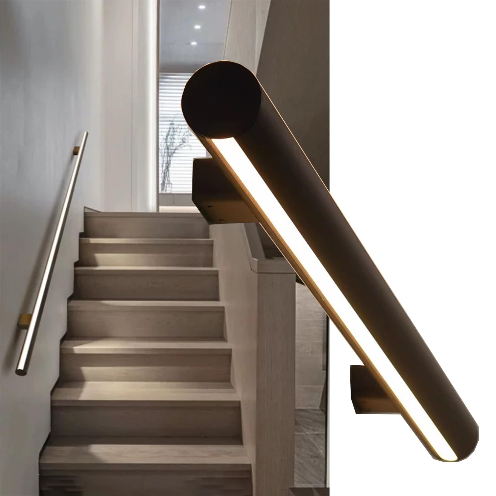 HAIXHX LED Handrail for Indoor Stairs, Rustic Black Metal Illuminated Safety Stair Railing, Wall Mount Lighted Grab Bar for Loft & Basement(59.1in (1.5m))