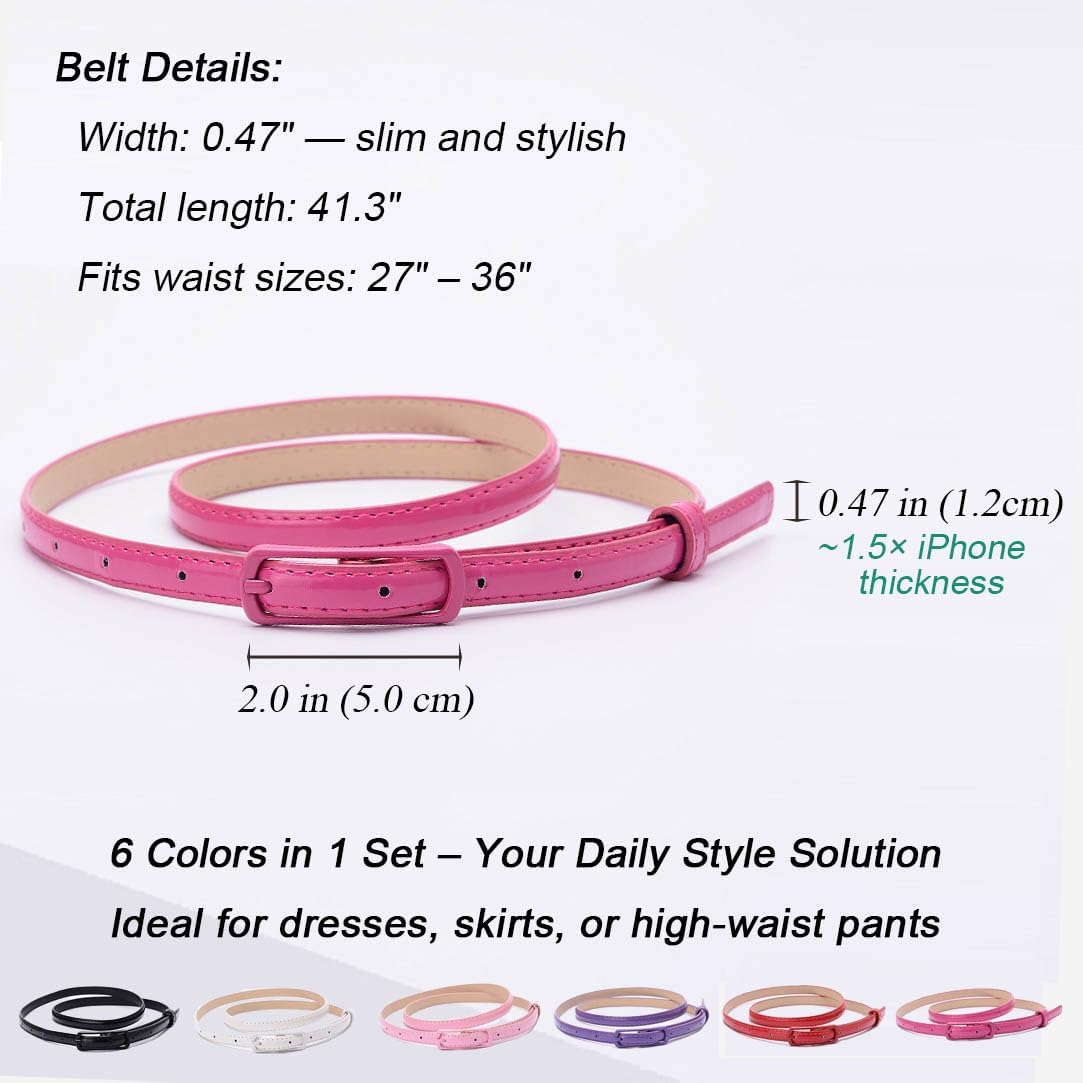 Women Skinny Belts 6 Pack, PU Leather Thin Waist Belts for Dresses, Jeans, Pants with Buckle, Fashion Slim Leather for outfit - Image 2