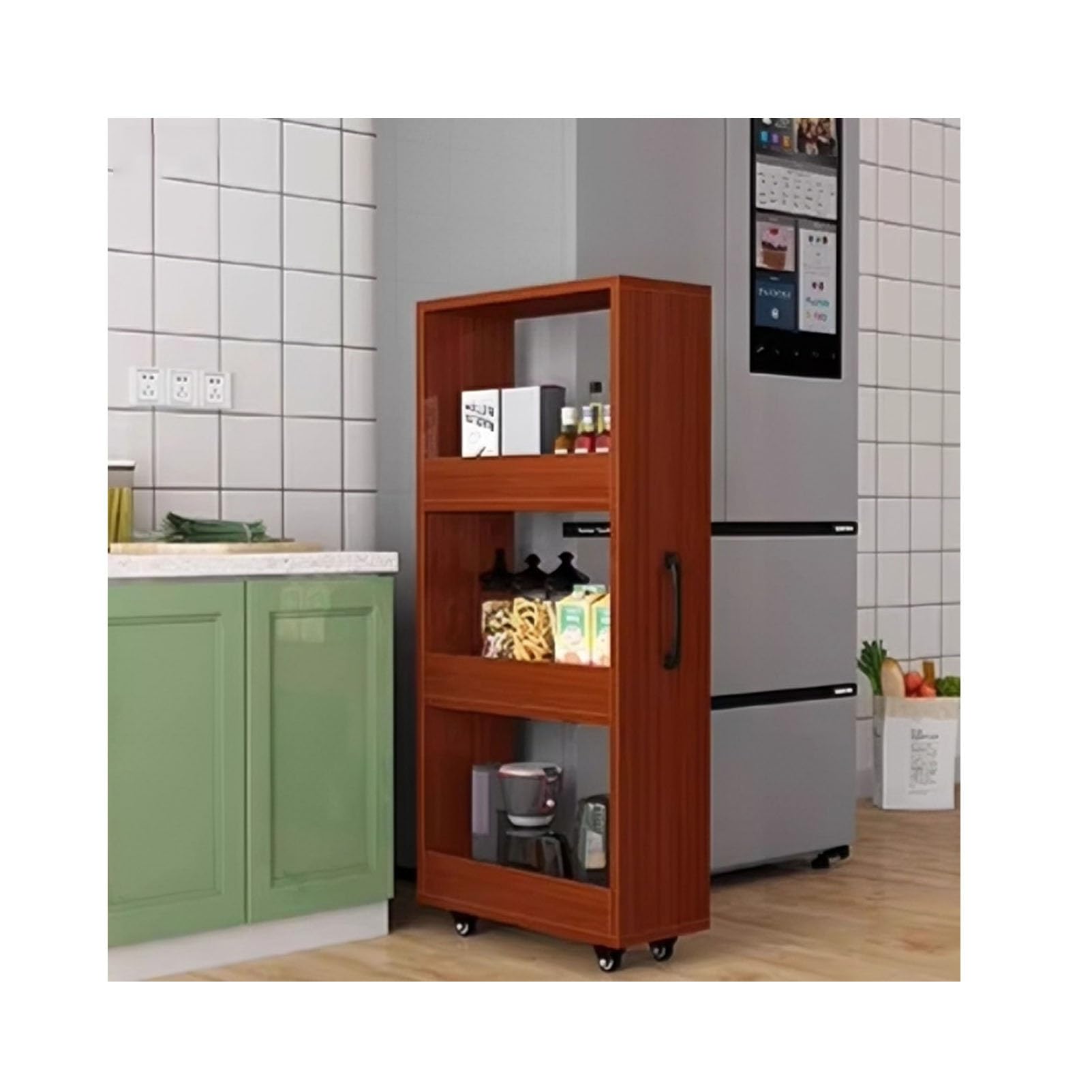 Carrito delgado de 4 niveles con estantes de madera, versátil nizer para cocina, color marrón (47 x 10 x 22 pulgadas) junto al refrirador