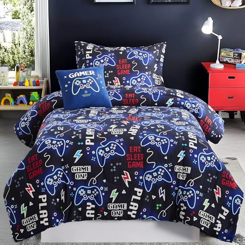 Wink Deer Full Size Comforter Set for Boys-4 Pieces Gamer Glow in the Dark Full Bedding Sets for Kids 1 Comforter 2 Shams and 1 Decor Pillow