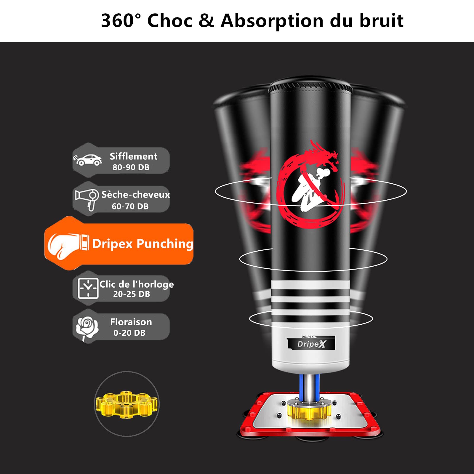 Dripex Sac de Frappe sur Pied Rempli 120 cm Sac de Boxe Adolescent Punching Bag avec 12 Ventouses pour Karaté Taekwondo MMA