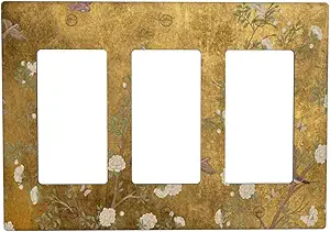 Decorative Outlet Covers Vintage White Flowers Birds on Golden Background 3 Gang Outlet Cover Wall Plate Triple Rocker Light Switch Cover Plate Switch Plate Covers for Home Decor