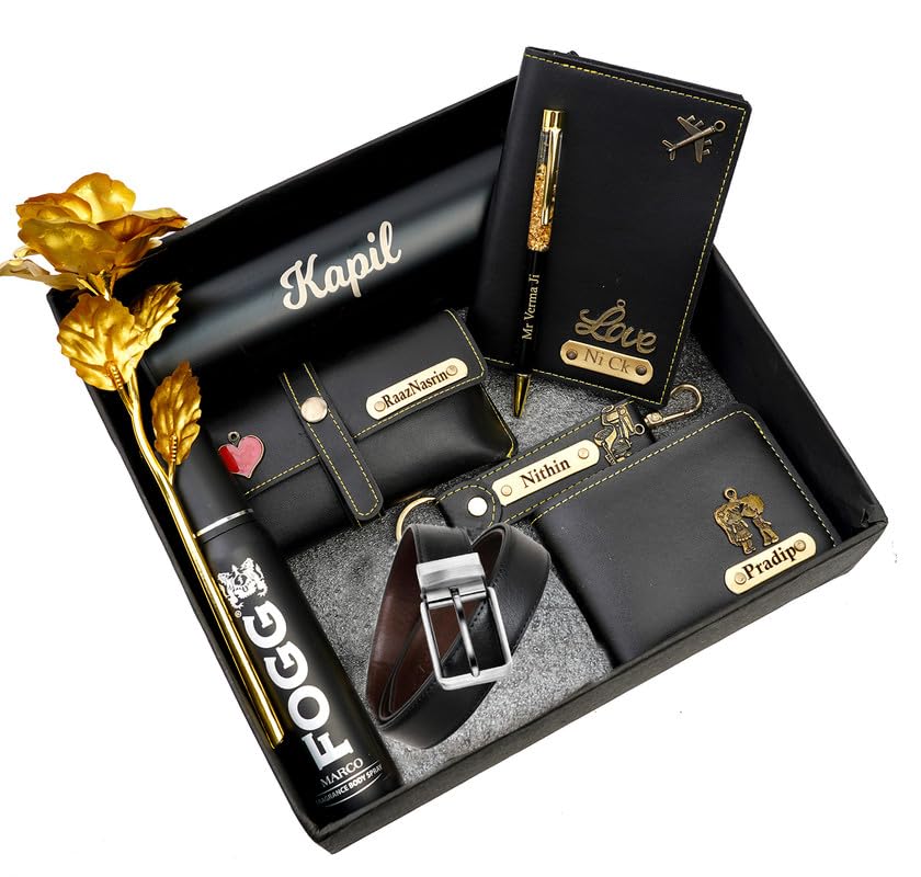 Dream Gift Glore Your Name Customized Mens Gift Hamper Set with Water Bottle, Passport Cover, Pen, Men Wallet, Sunglasses Cover, Keychain, Men Deodorant, Golden Rose and Mens Belt (Black)-image-33