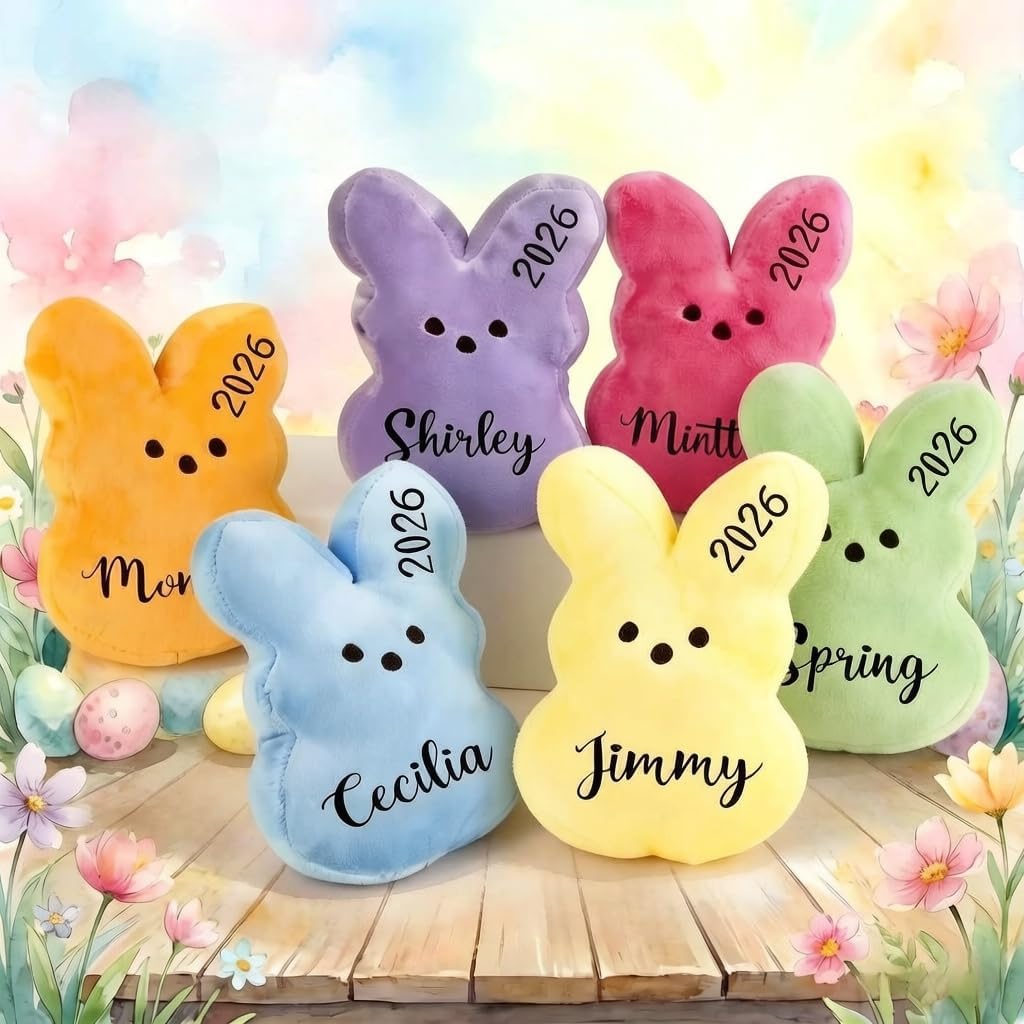 Personalised Easter Bunny Decoration with Name & Year, Custom Peeps Plush Soft Decoration, Soft Bunny Rabbit Plush, Basket Filler Gift, Easter Decorative Gift, 3 Sizes