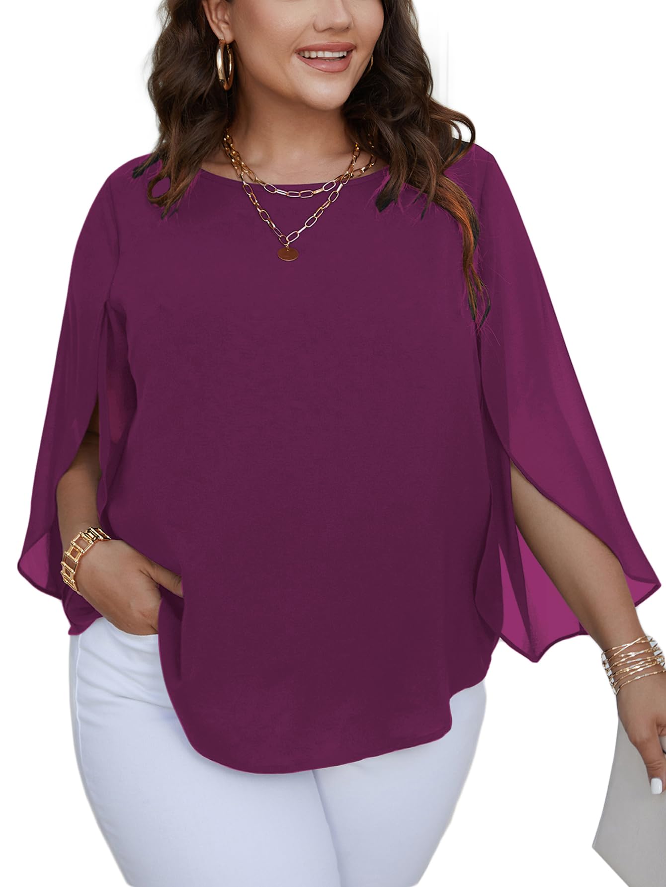 Plus Size Blouses for Women Summer Chiffon 3/4 Sleeve Tunic Tops Dressy Scoop Neck Casual Loose Flowy Shirts