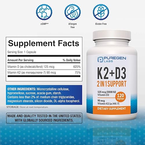 Miniatura 2 de Fórmula 2 en 1 de alta potencia 90 mcg de vitamina K2 (MK7) y suplemento de vitamina D3 de 5000 UI para la salud ósea y cardíaca. Fórmula sin OMG,