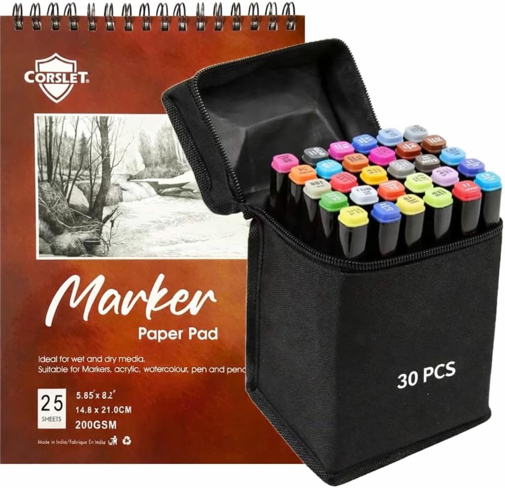 Corslet 30 Pcs Alcoholic Markers Set Dual Ended Colored Markers for Drawing, Alcohol Markers with Paper Pad, Sketchbook, 200gsm 50 Pages (25 Sheets)