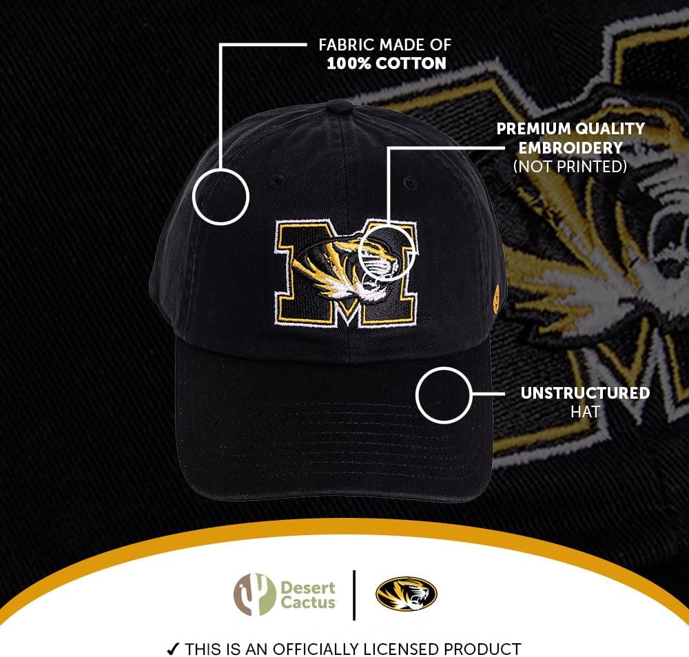 Desert Cactus University of Missouri Baseball Hat Mizzou Tigers Brimmed Embroidered Hats Cap Adjustable Cloth Strap Adult (Style C1) Black