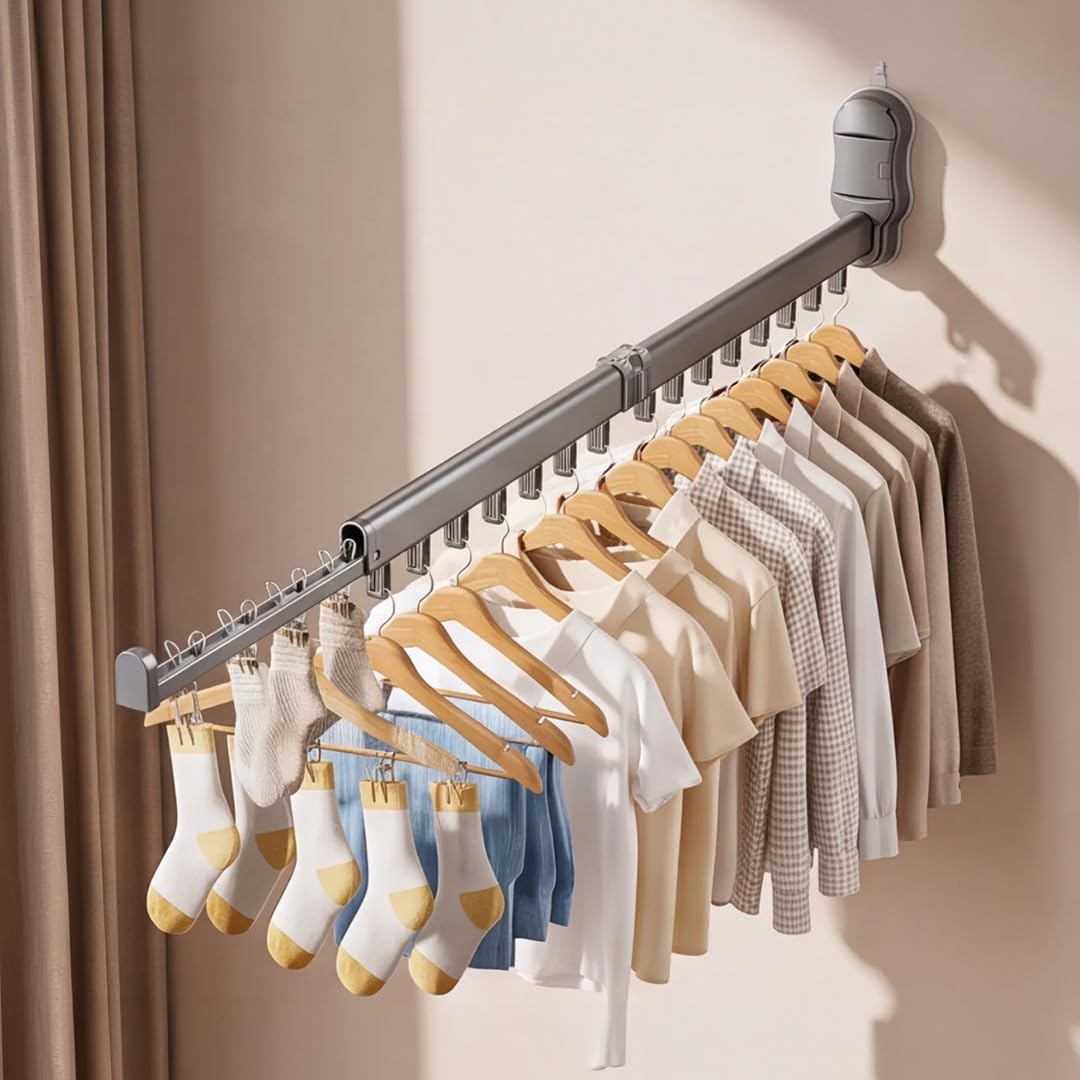 homeessentials wall-mounted vacuum suction folding clothes drying rack, no-drill foldable laundry hanger, space-saving wall rack for bathroom, balcony, bedroom & laundry room, heavy-duty organizer