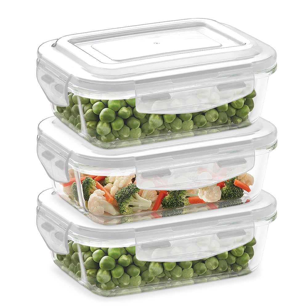 Borosil Klip N Store Frischhaltedosen aus Glas, rechteckig, mit luftdichtem Deckel (je 370 ml), Behälter aus Borosilikatglas für Lunchbox, mikrowellen- und ofenfest, transparent, 3-teiliges Set