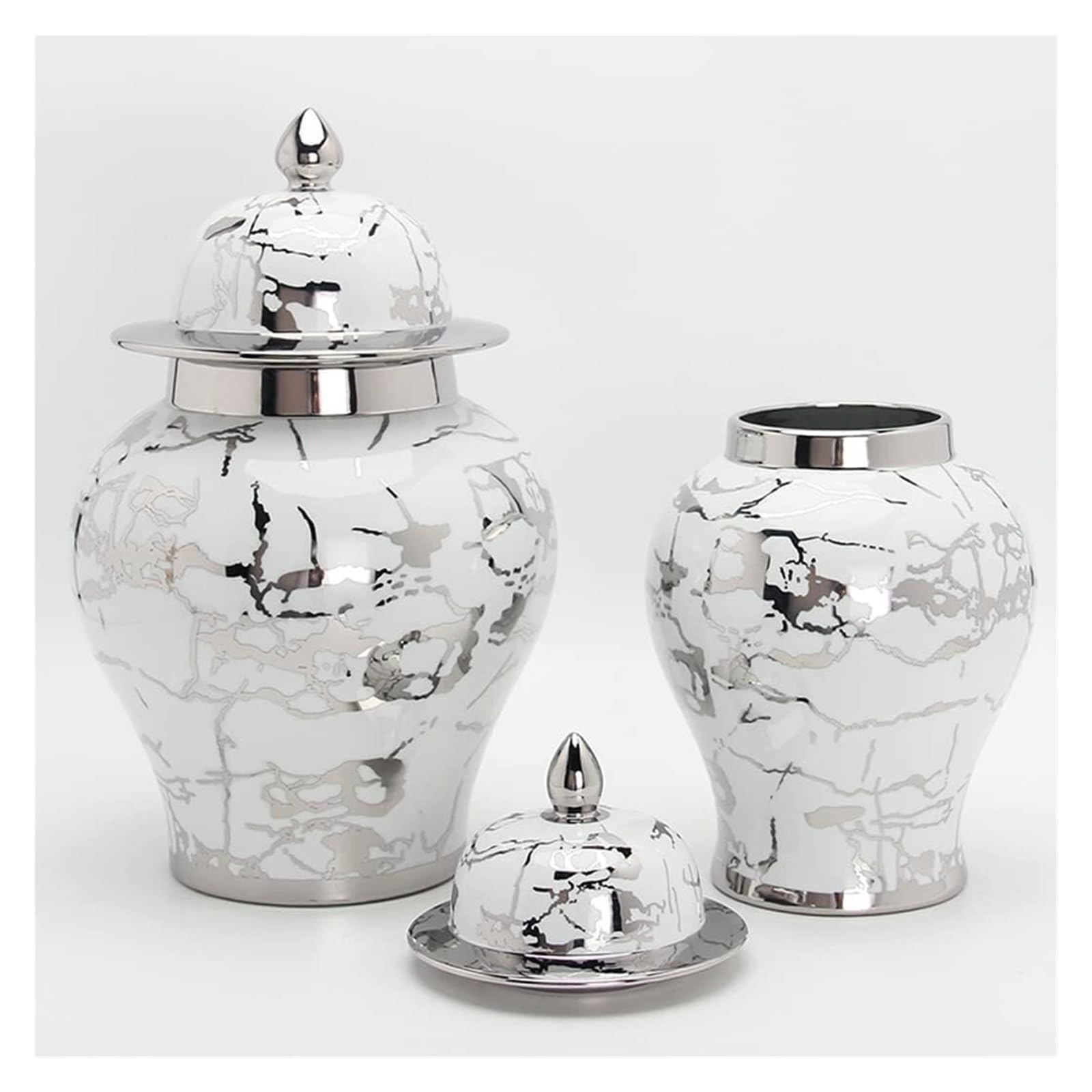 Jarrones de cerámica para Mesa, jarrones de Jengibre con Tapa para decoración, jarrones de Flores secas en Plata y Blanco, Decoraciones de Mesa(Estilo 5-19,5 x 34,5 cm