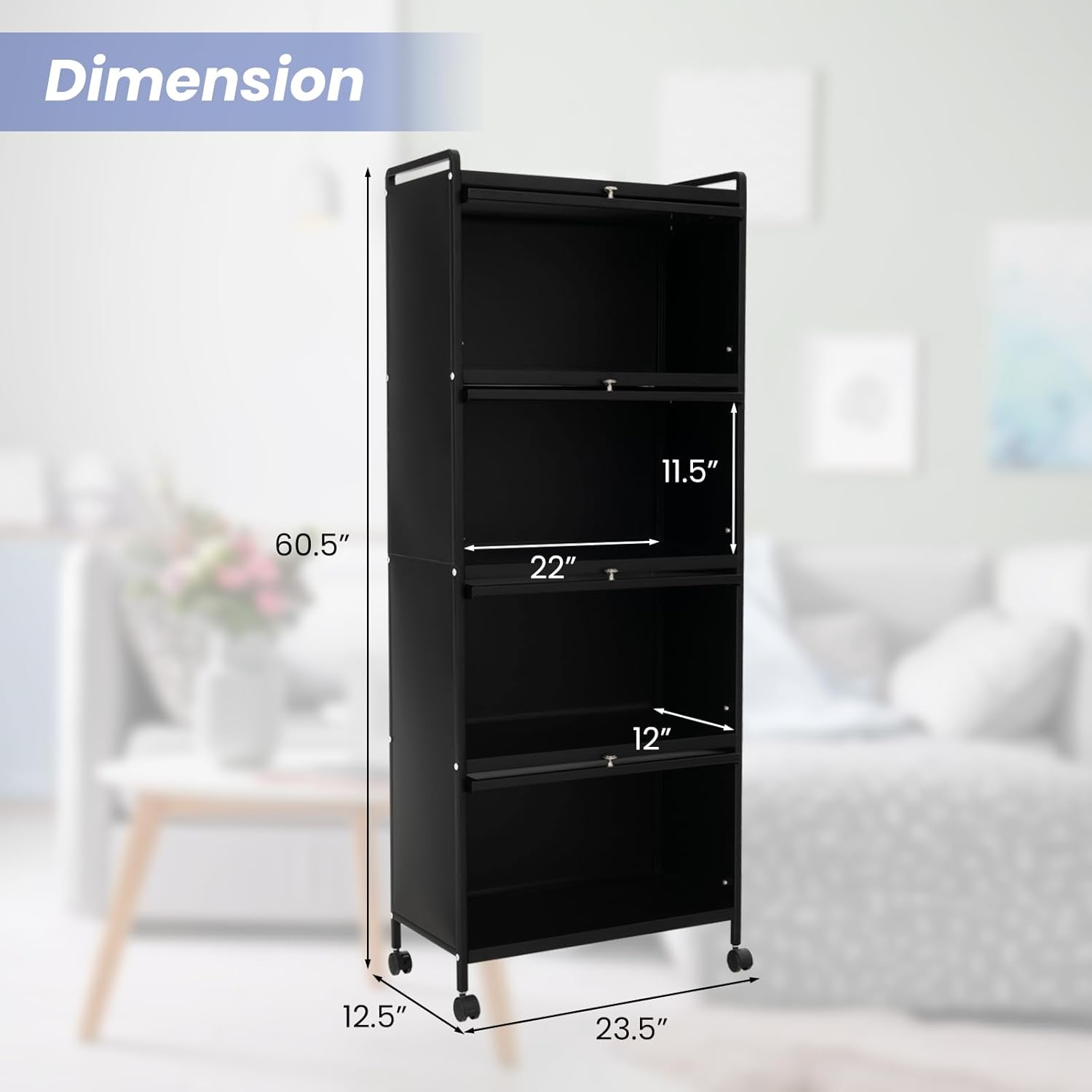 HAPPYGRILL 5-Tier Kitchen Storage Cabinet, Mobile Microwave Stand w/Flip Door Cabinets, Bread Rack, Coffee Stand, Bakers Rack w/ 4 Lockable Casters for Dining Room Living Room (Black)