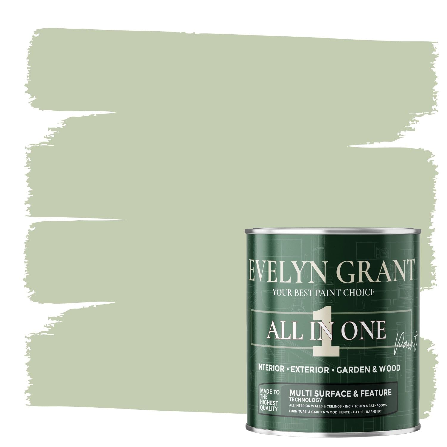 Evelyn Grant All-IN-ONE Paint & Primer - Multi-Surface Paint For Interior Walls, Outdoor Garden & Exterior Walls, Wood Furniture | High Durability Multi-Feature - Sage Green - 1L - Matt โ image 1