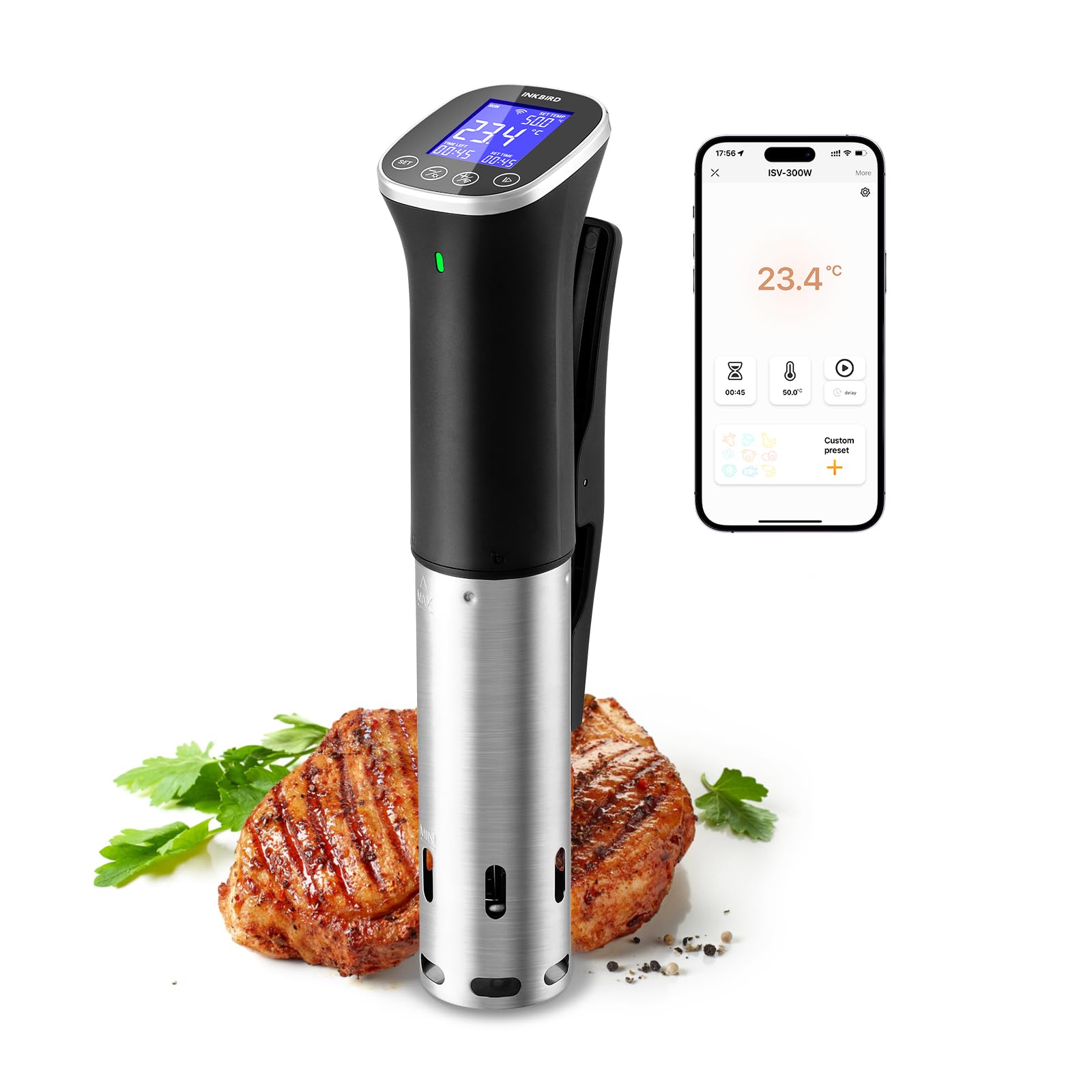 Inkbird ISV-300W Smart WiFi Sous Vide Cooker & Machine - IPX7 Waterproof Precision Temperature Control (±0.1°C), APP Remote with Recipes, 100H Timer, Auto Shutoff, 3D Heating for Steak/Seafood