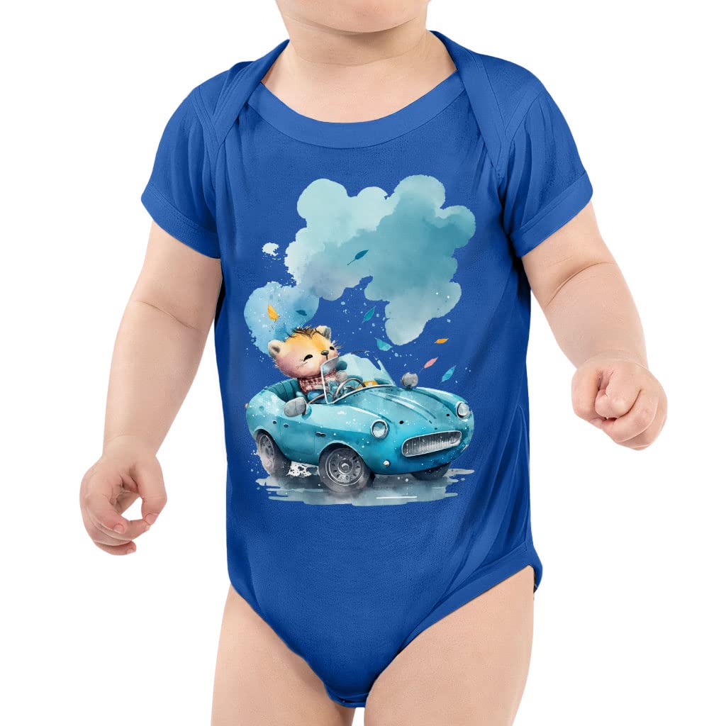 Cute Animal in Car Baby Onesie - Items for Kids - Car Print Apparel - True Royal, 3-6 Months