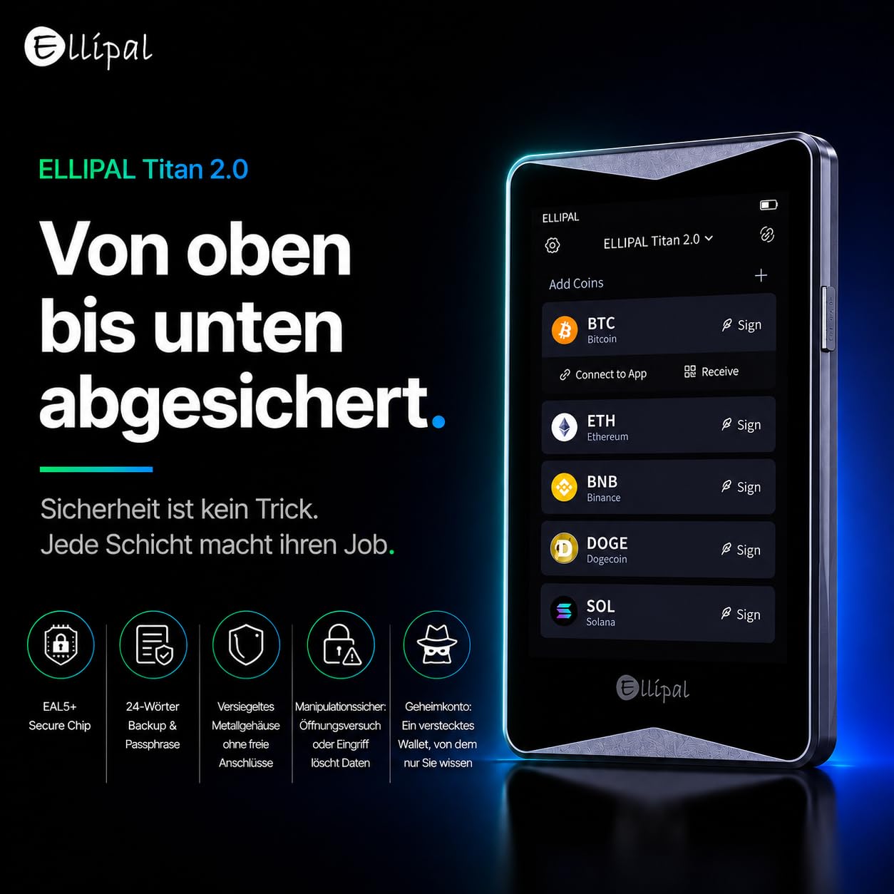 ELLIPAL Titan 2.0 Krypto-Wallet - 100% Offline-Hardware-Cold-Wallet mit Air-Gapped-Technologie, Bitcoin-Sicherheit, Speichern und Verwalten von Tausenden Coins und Tokens.