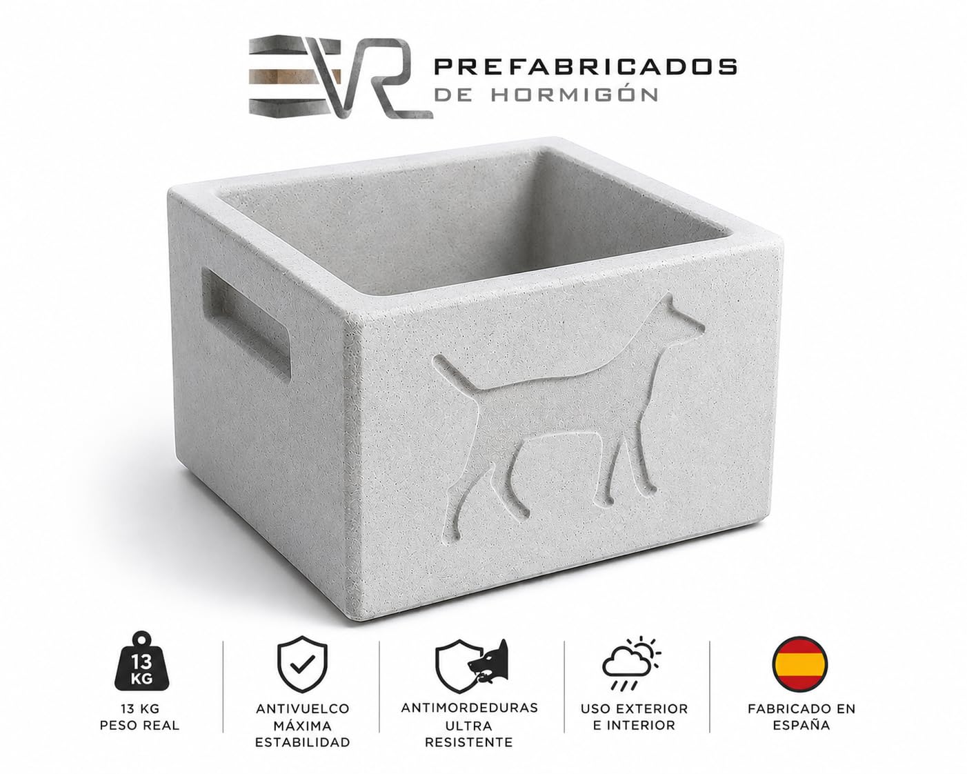 VR Prefabricados Comedero de Hormigón Antivuelco para Perros – 13 kg Peso Real – Antimordeduras y Ultra Resistente – Uso Exterior – Acabado Artesanal – Fabricado en España