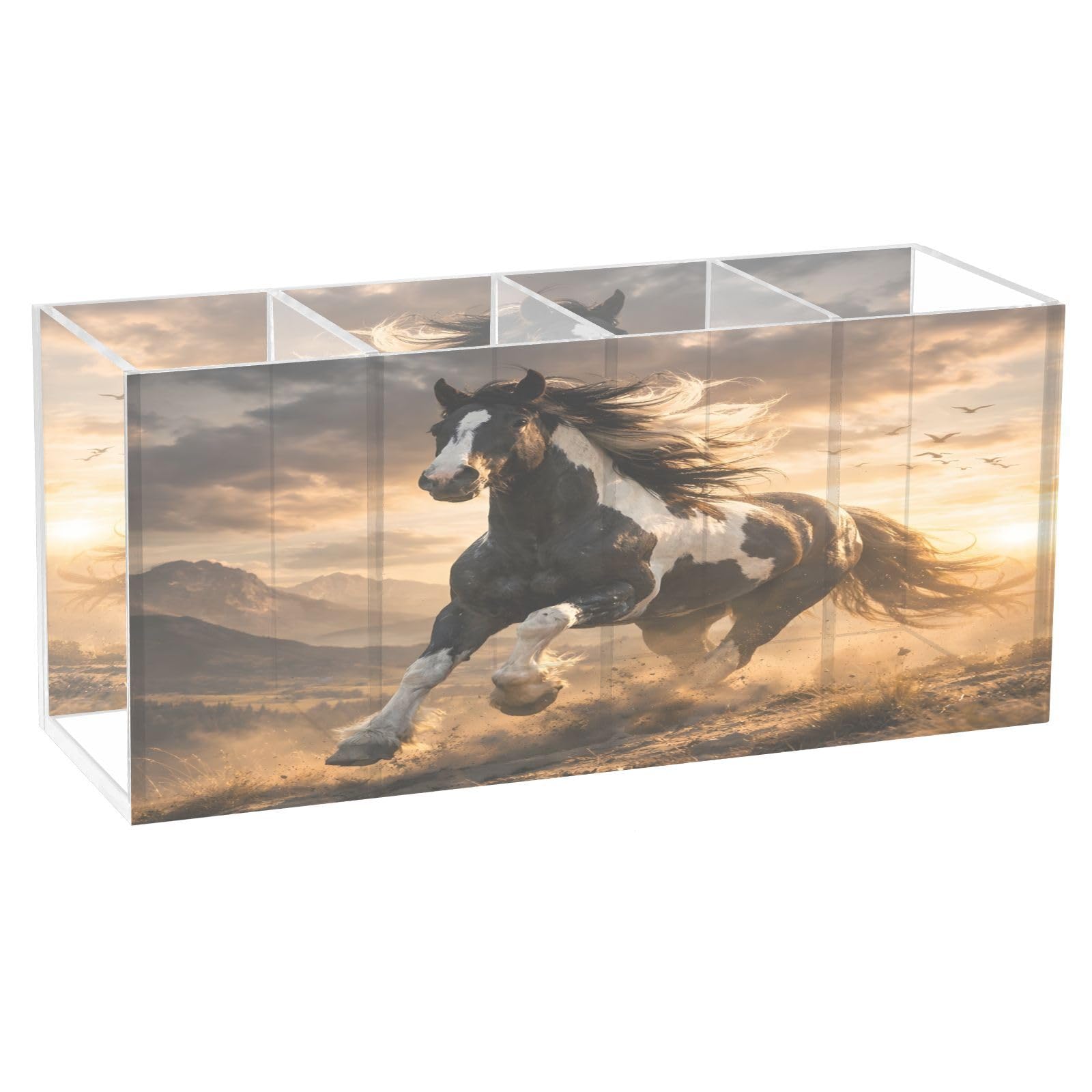Ewusp Horse Acrylic Pencil Holder Cup 4 Compartments Pen Holder Desktop Stationery Organizer Makeup Brush Holder Desk Accessories for Home Office Supplies