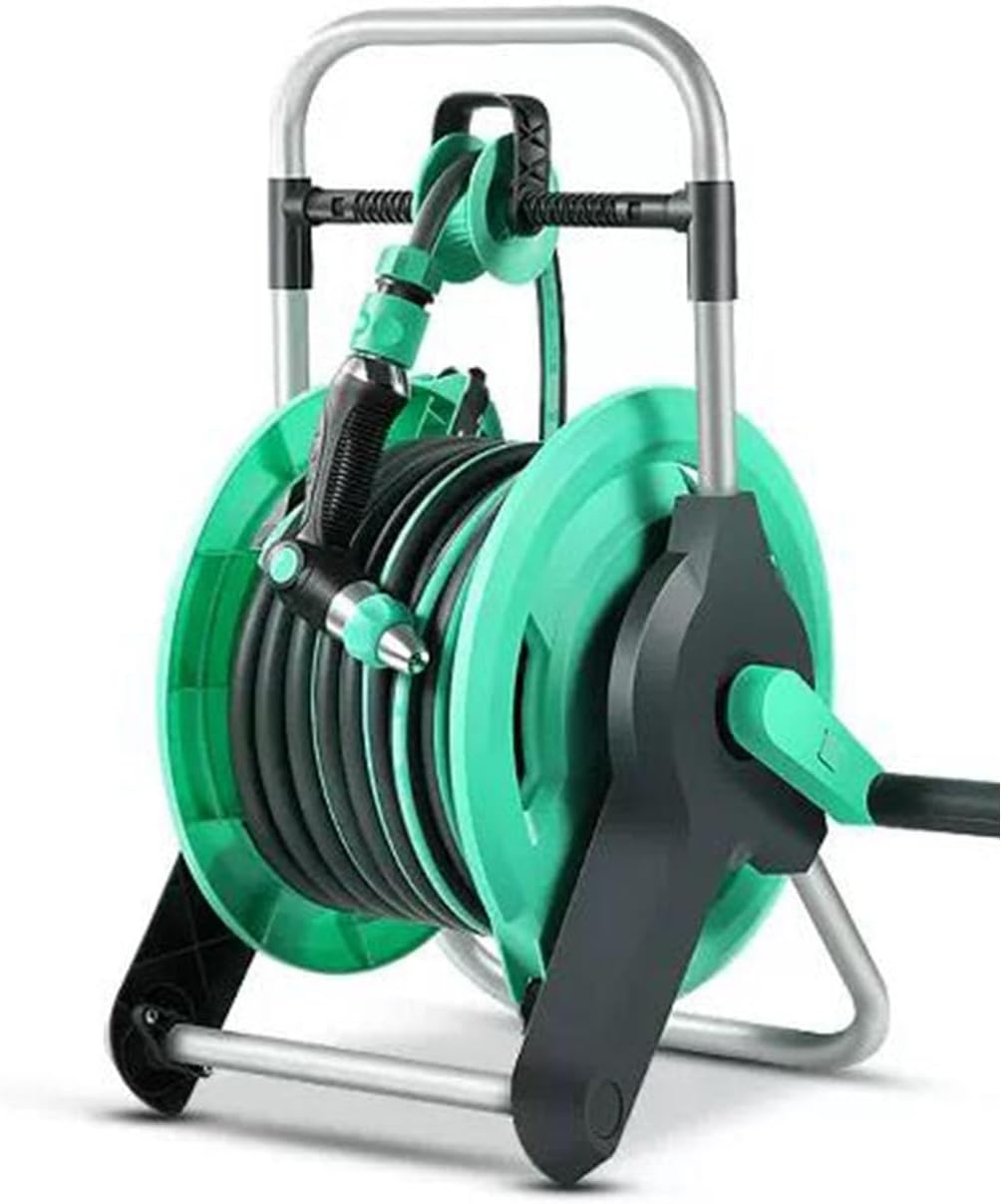Garden Hose Cart, Portable Hose Reel Storage, Outdoor Car Cleaning, Bathing, Pet Handle, Water Pipe Bracket Cart (Green 15m)