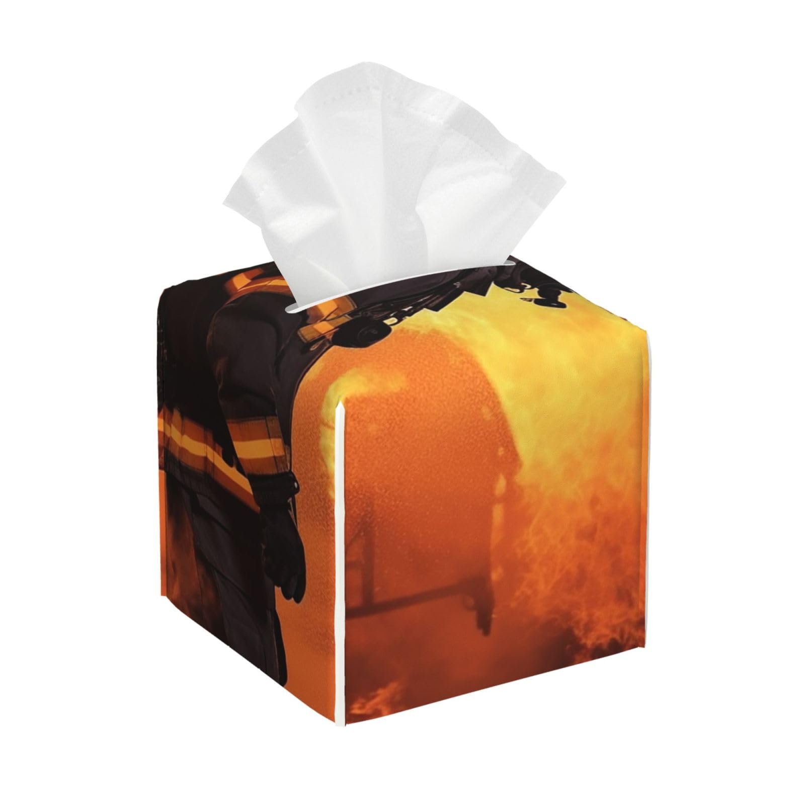 Pu Leather Cube Tissue Box Holders Modern Waterproof Square Tissue Box Cover Firefighter Fireman Flame Facial Paper Holder for Bathroom Kitchen Nightstand Office Home Decor
