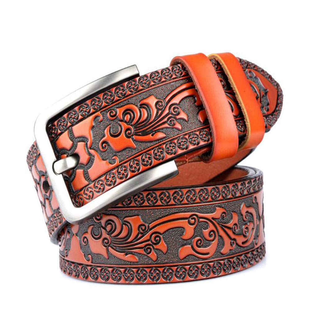 Pacde Men's Camel Western Genine Leather Cowskin Jeans Emboss Belt Jeans Cowboy Retro Strap(, 125Cm)