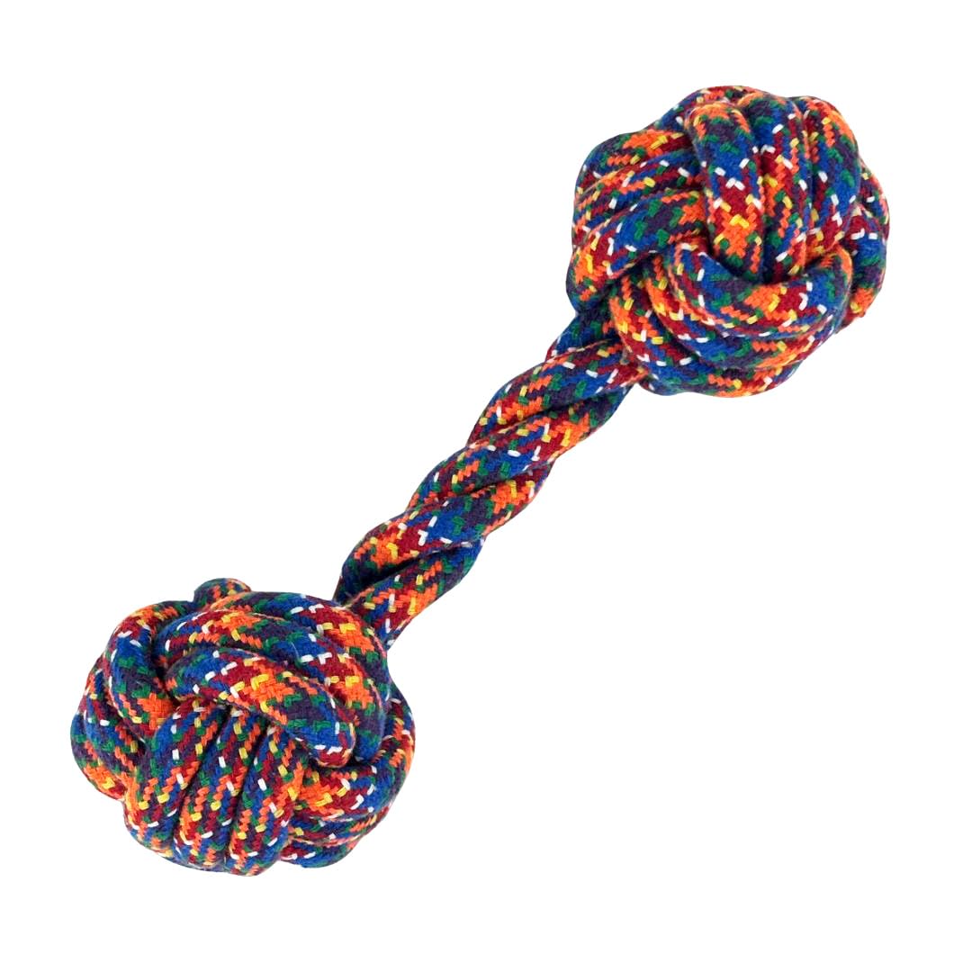 HugglePets Mountain Rope Dumbell Dog Toy | Multi-Coloured Braided Knot Tugger | Double Ball Dental Chew | Let's Play Interactive Tug of War Puppy Fetch Toys | Cleans Teeth & Massages Gums | 26cm
