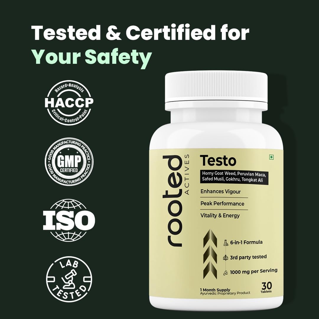 Rooted Actives Vitality Blend for Men | Horny Goat Weed, Maca, Safed Musli, Tongkat Ali, Gokhru & Epimedium | Energy, Strength & Stamina Support | 30 Herbal Tablets - Image 7 thumbnail
