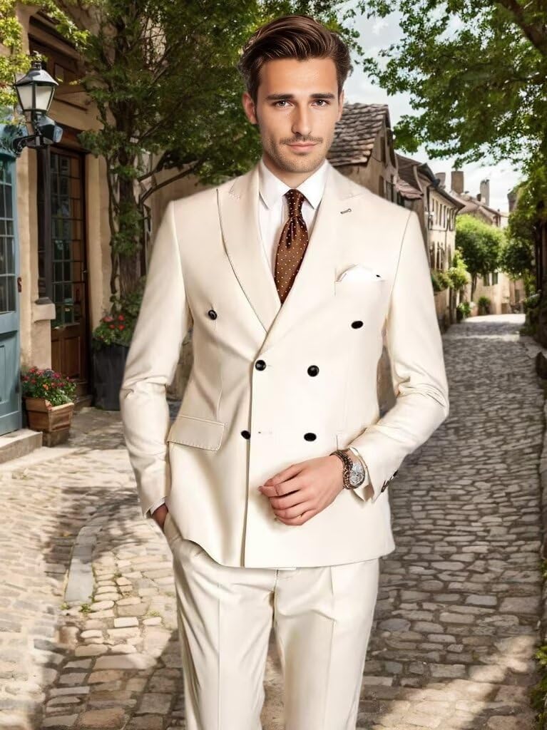 Men's 2 Piece Suit Slim Fit Double Breasted Tuxedos Formal Dress Outfits Peak Lapel Blazer Jacket Pants Sets
