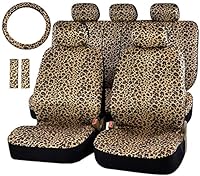 Leopard Cheetah Autositzbezüge, komplettes Set, vorne und hinten, komplett mit 2 Sicherheitsgurtpolstern und universeller 38.1 cm Lenkradbezug, LKWs, SUV oder Van für Frauen (Leopard)