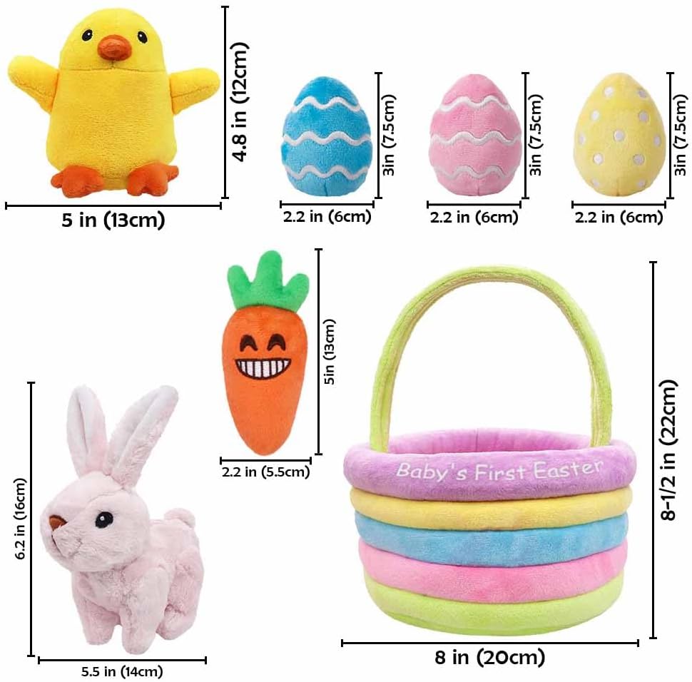 Baby's First Personalized Easter Basket Stuffers Playset, 7ct Stuffed Plush Bunny Chick Carrot Egg for Babies Girls Boys Kids Infant Toddler, Easter Party Gifts, Easter Decorations Party Supplies