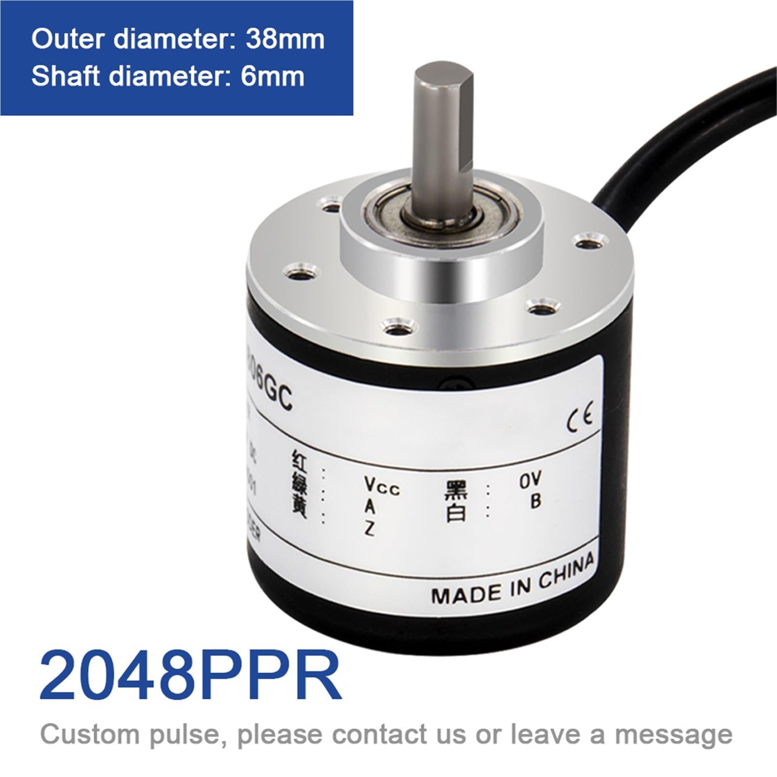 Codificador incremental de 38 mm, interruptor óptico giratorio de eje de 6 mm, sensor A, B/Z-2/3 fases, 5/8 cables, 10-1024-3600 PPR 5/24/30 VDC