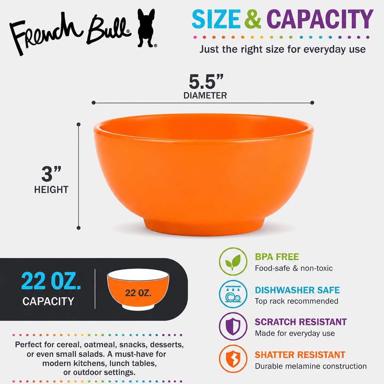 French Bull Müslischalen aus Melamin, kleine Servierschüssel, für Snacks, Nudeln, Salat, Reis, Haferflocken, Kinder, bruchsicher, lebensmittelecht, BPA-frei, spülmaschinenfest, 14 cm, 625 ml,